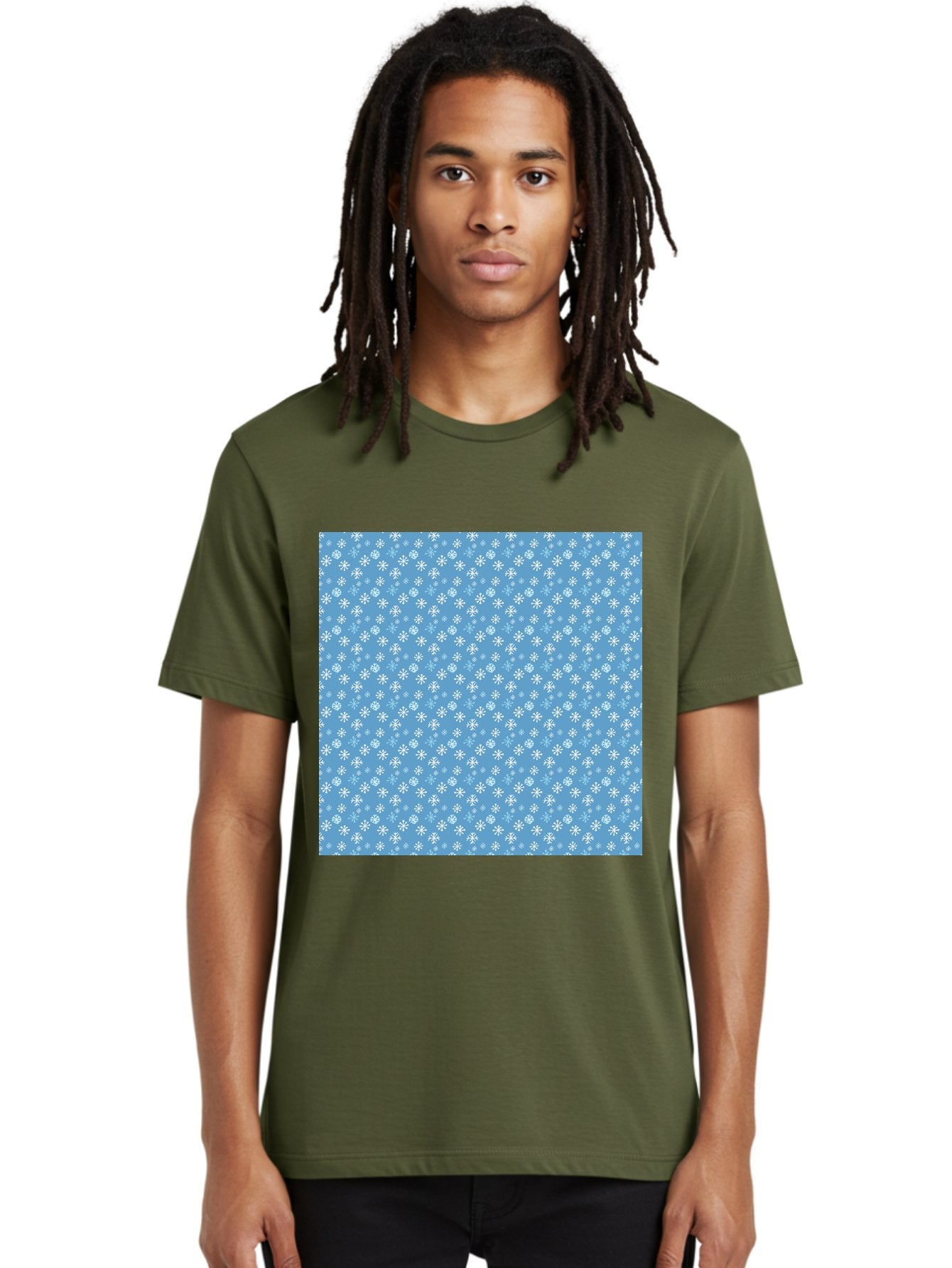 Snowflake-Pattern Men'S Graphic Tee, 100% Cotton, Comfortable Casual Summer Wear, Machine Washable, Snowflakes Pattern, White Snowflakes, Blue Background, Winter Theme, Festive Design, Delicate Snowflakes, Intricate Patterns, Holiday Decor, Aab121 28