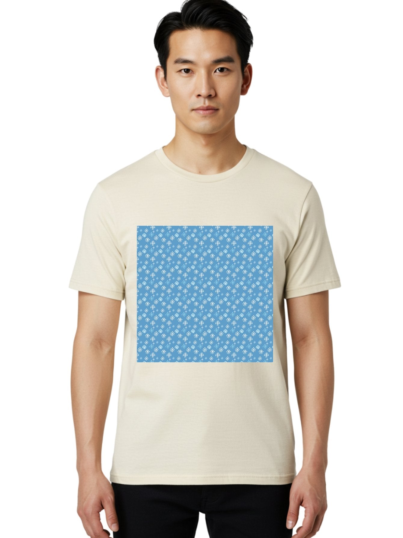 Snowflake-Pattern Men'S Graphic Tee, 100% Cotton, Comfortable Casual Summer Wear, Machine Washable, Snowflakes Pattern, White Snowflakes, Blue Background, Winter Theme, Festive Design, Delicate Snowflakes, Intricate Patterns, Holiday Decor, Aab121 29