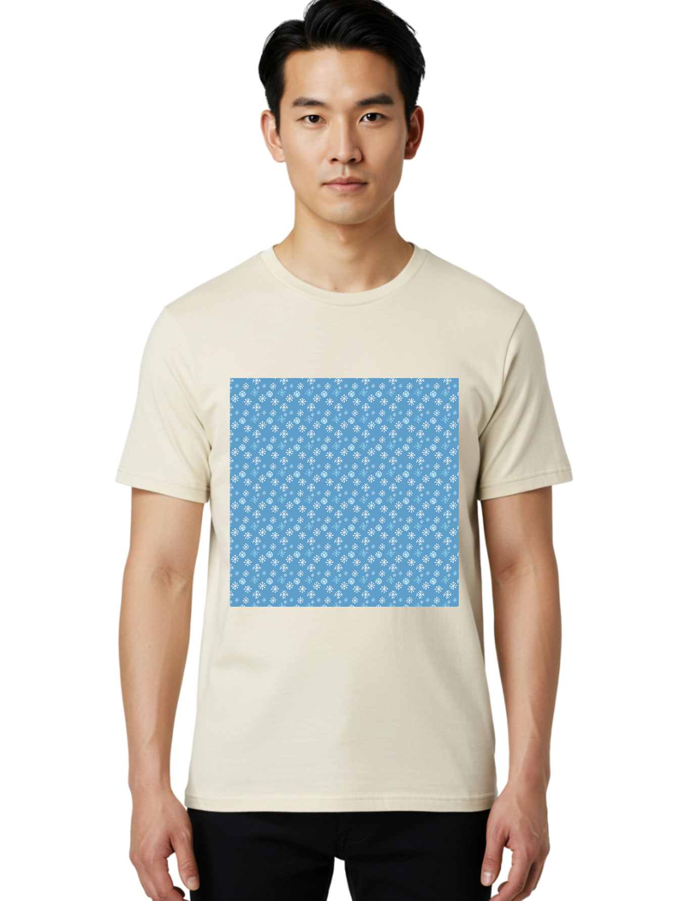 Snowflake-Pattern Men'S Graphic Tee, 100% Cotton, Comfortable Casual Summer Wear, Machine Washable, Snowflakes Pattern, White Snowflakes, Blue Background, Winter Theme, Festive Design, Delicate Snowflakes, Intricate Patterns, Holiday Decor, Aab121 4