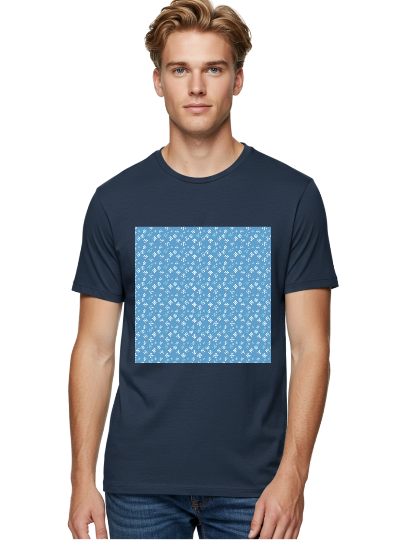 Snowflake-Pattern Men'S Graphic Tee, 100% Cotton, Comfortable Casual Summer Wear, Machine Washable, Snowflakes Pattern, White Snowflakes, Blue Background, Winter Theme, Festive Design, Delicate Snowflakes, Intricate Patterns, Holiday Decor, Aab121 10