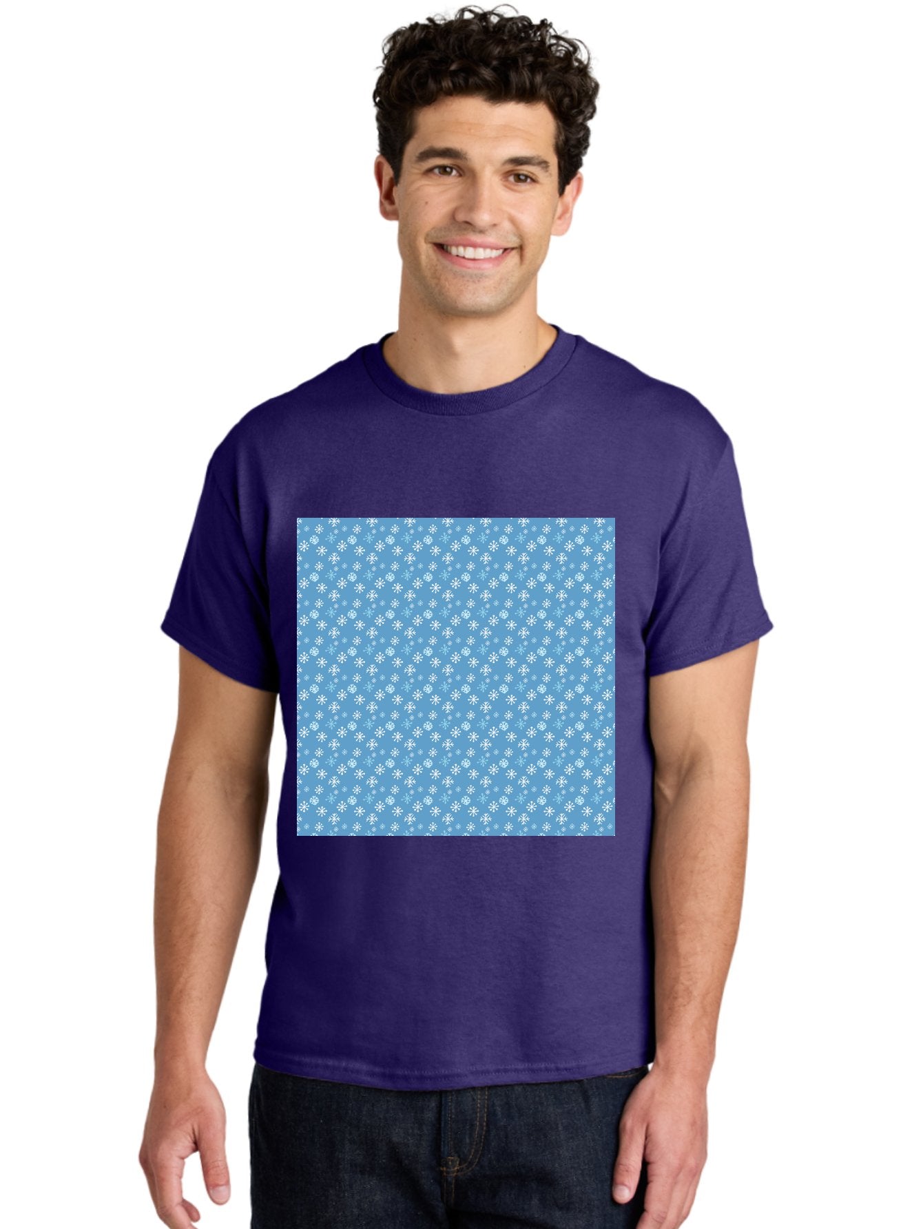 Snowflake-Pattern Men'S Graphic Tee, 100% Cotton, Comfortable Casual Summer Wear, Machine Washable, Snowflakes Pattern, White Snowflakes, Blue Background, Winter Theme, Festive Design, Delicate Snowflakes, Intricate Patterns, Holiday Decor, Aab121 30