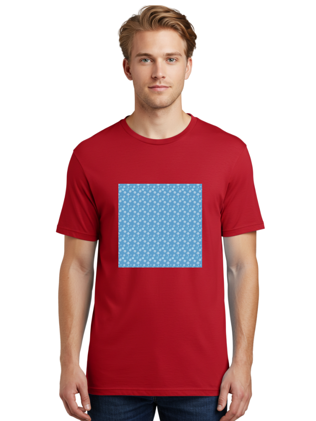 Snowflake-Pattern Men'S Graphic Tee, 100% Cotton, Comfortable Casual Summer Wear, Machine Washable, Snowflakes Pattern, White Snowflakes, Blue Background, Winter Theme, Festive Design, Delicate Snowflakes, Intricate Patterns, Holiday Decor, Aab121 30