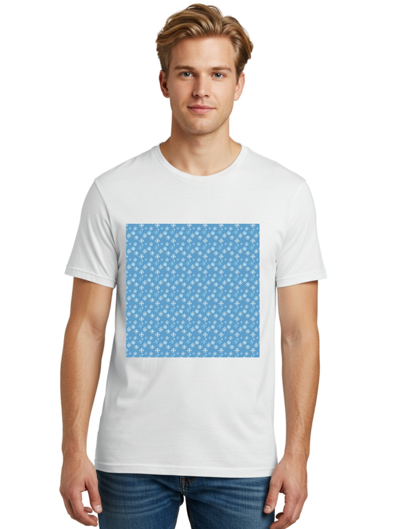 Snowflake-Pattern Men'S Graphic Tee, 100% Cotton, Comfortable Casual Summer Wear, Machine Washable, Snowflakes Pattern, White Snowflakes, Blue Background, Winter Theme, Festive Design, Delicate Snowflakes, Intricate Patterns, Holiday Decor, Aab121 19