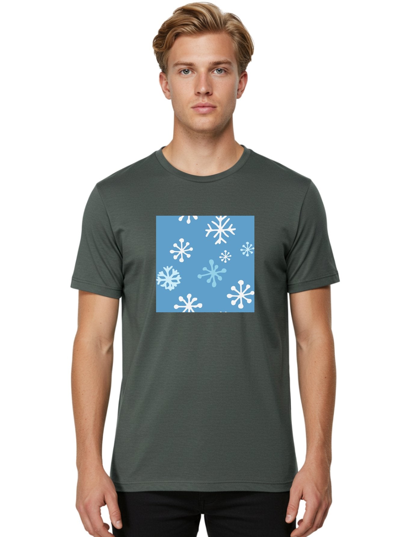 Snowflakes Men'S Graphic Tee, 100% Cotton, Comfortable Casual Summer Wear, Machine Washable, Winter Wonderland, Snowflake Pattern, Festive Design, Blue Background, White Snowflakes, Cold Weather, Snowy Scene, Holiday Theme, Seasonal Graphic, Aab123 21