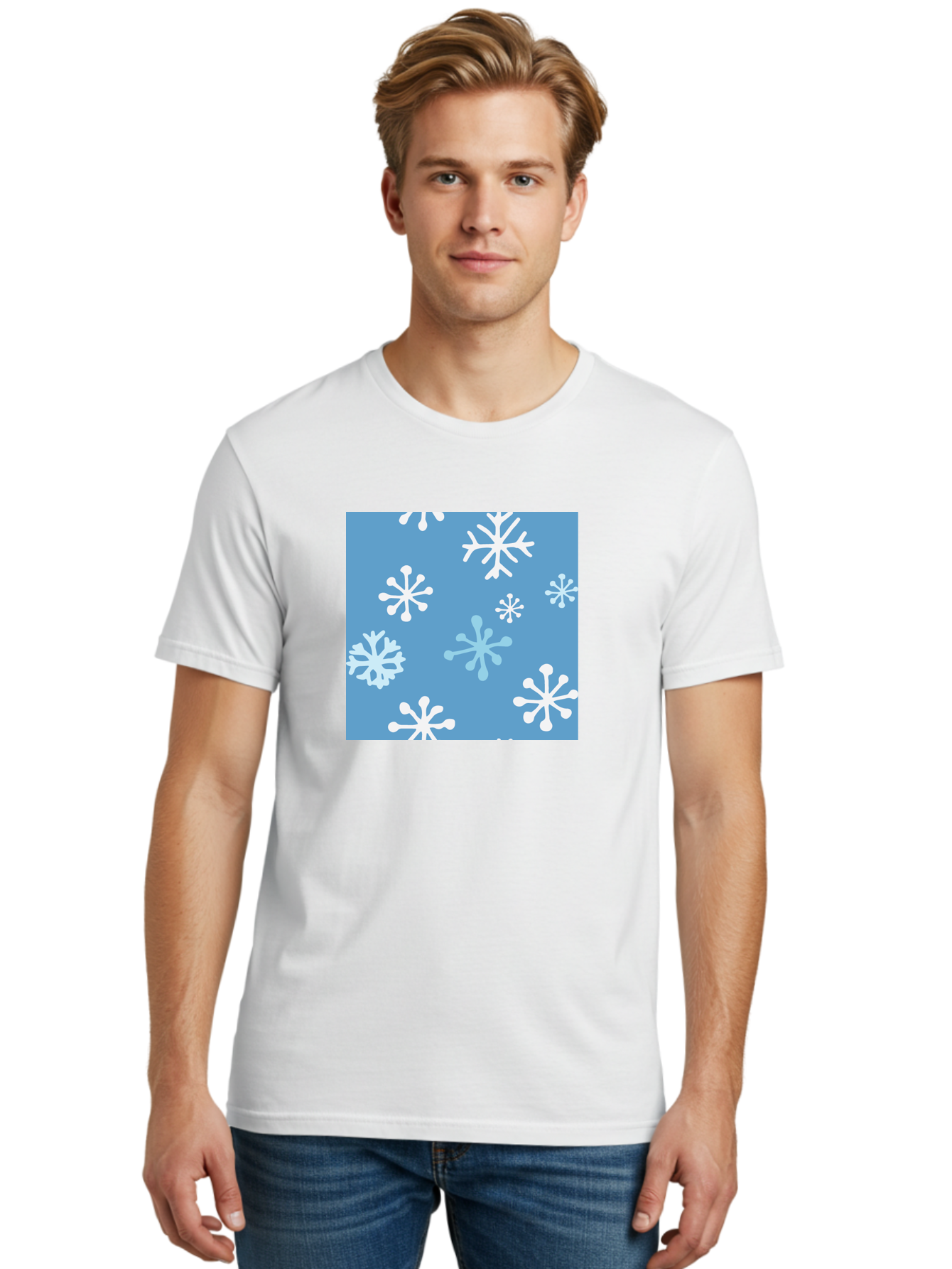 Snowflakes Men'S Graphic Tee, 100% Cotton, Comfortable Casual Summer Wear, Machine Washable, Winter Wonderland, Snowflake Pattern, Festive Design, Blue Background, White Snowflakes, Cold Weather, Snowy Scene, Holiday Theme, Seasonal Graphic, Aab123 30