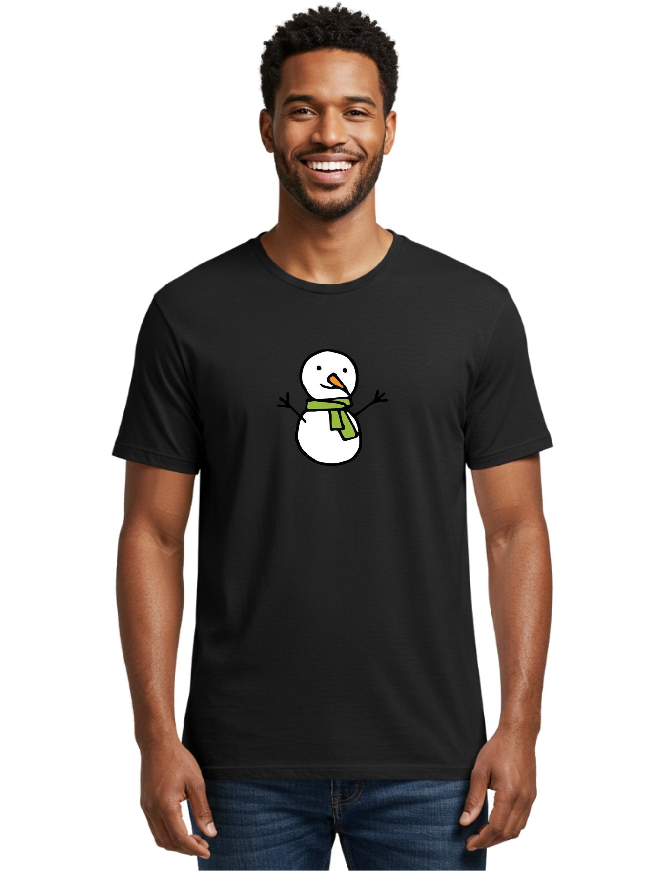 Snowman-4 Men'S Graphic Tee, 100% Cotton, Comfortable Casual Summer Wear, Machine Washable, Cartoon Snowman, Smiling Snowman, Winter Character, Green Scarf, Orange Nose, Friendly Snowman, Christmas Character, Digital Illustration, Aab127 23
