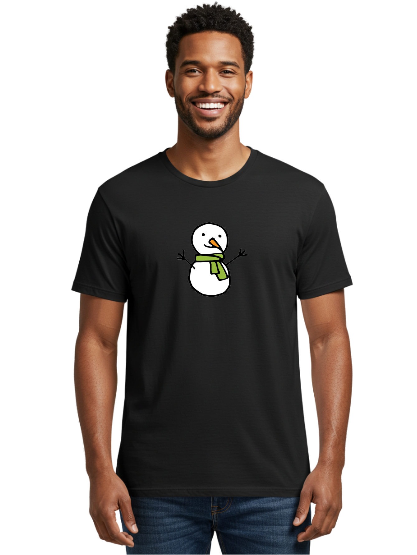 Snowman-4 Men'S Graphic Tee, 100% Cotton, Comfortable Casual Summer Wear, Machine Washable, Cartoon Snowman, Smiling Snowman, Winter Character, Green Scarf, Orange Nose, Friendly Snowman, Christmas Character, Digital Illustration, Aab127