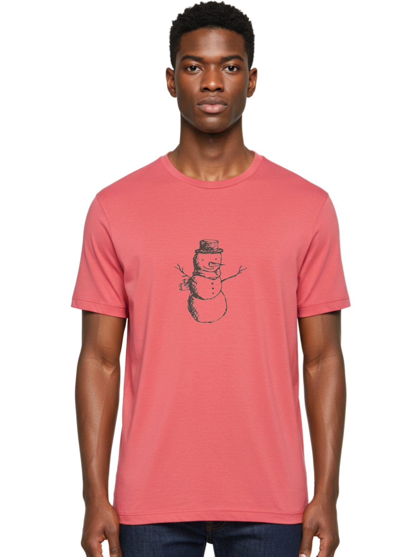 Snowman Men'S Graphic Tee, 100% Cotton, Comfortable Casual Summer Wear, Machine Washable, Hand Drawn Snowman, Winter Character, Festive Illustration, Christmas Theme, Snowman With Top Hat, Scarf And Branches, Cartoon Style, Simple Drawing, Aab128 16