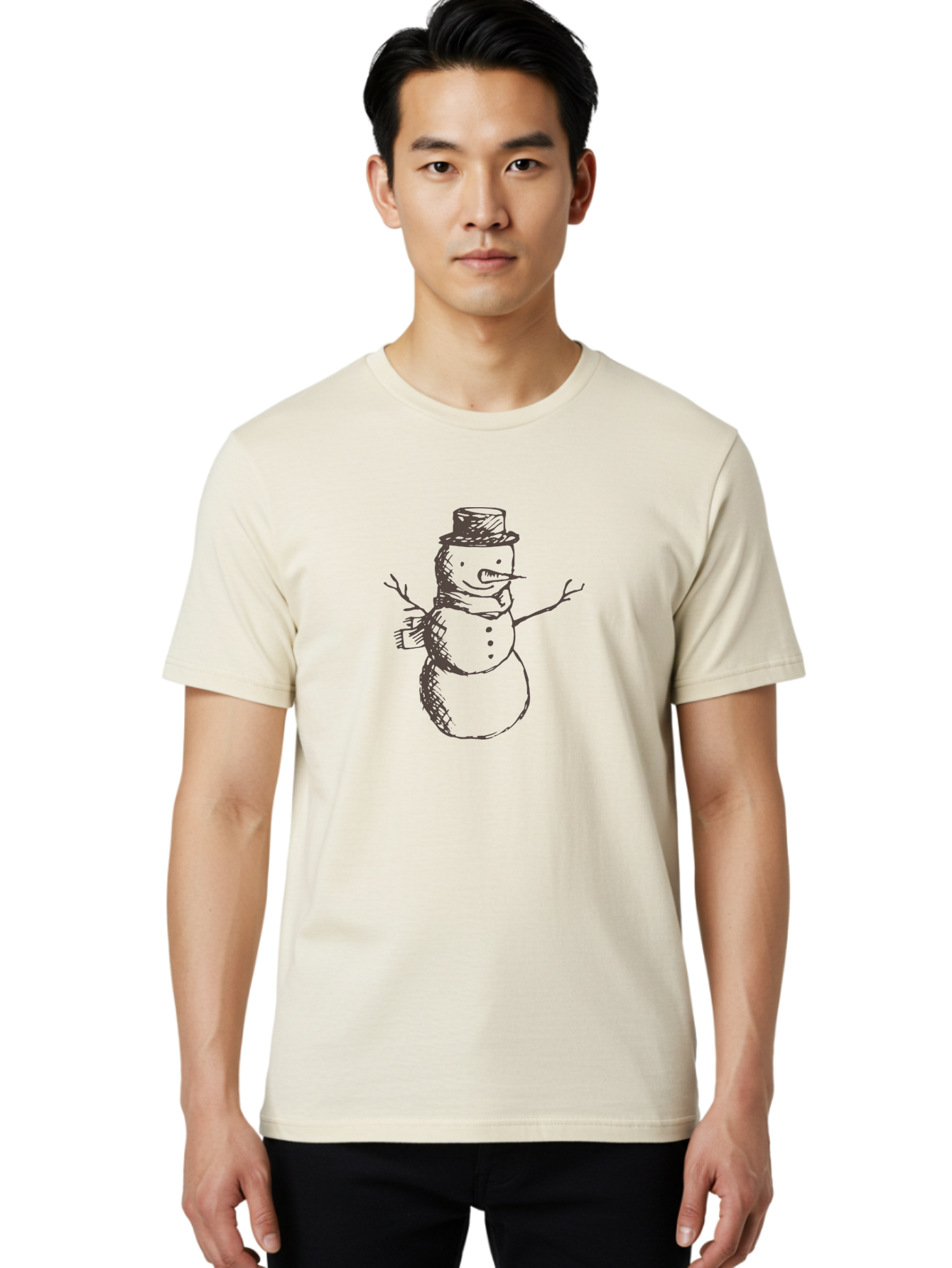 Snowman Men'S Graphic Tee, 100% Cotton, Comfortable Casual Summer Wear, Machine Washable, Hand Drawn Snowman, Winter Character, Festive Illustration, Christmas Theme, Snowman With Top Hat, Scarf And Branches, Cartoon Style, Simple Drawing, Aab128 30