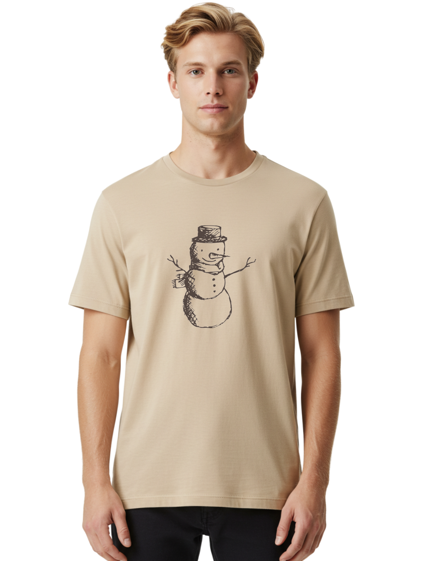 Snowman Men'S Graphic Tee, 100% Cotton, Comfortable Casual Summer Wear, Machine Washable, Hand Drawn Snowman, Winter Character, Festive Illustration, Christmas Theme, Snowman With Top Hat, Scarf And Branches, Cartoon Style, Simple Drawing, Aab128 22