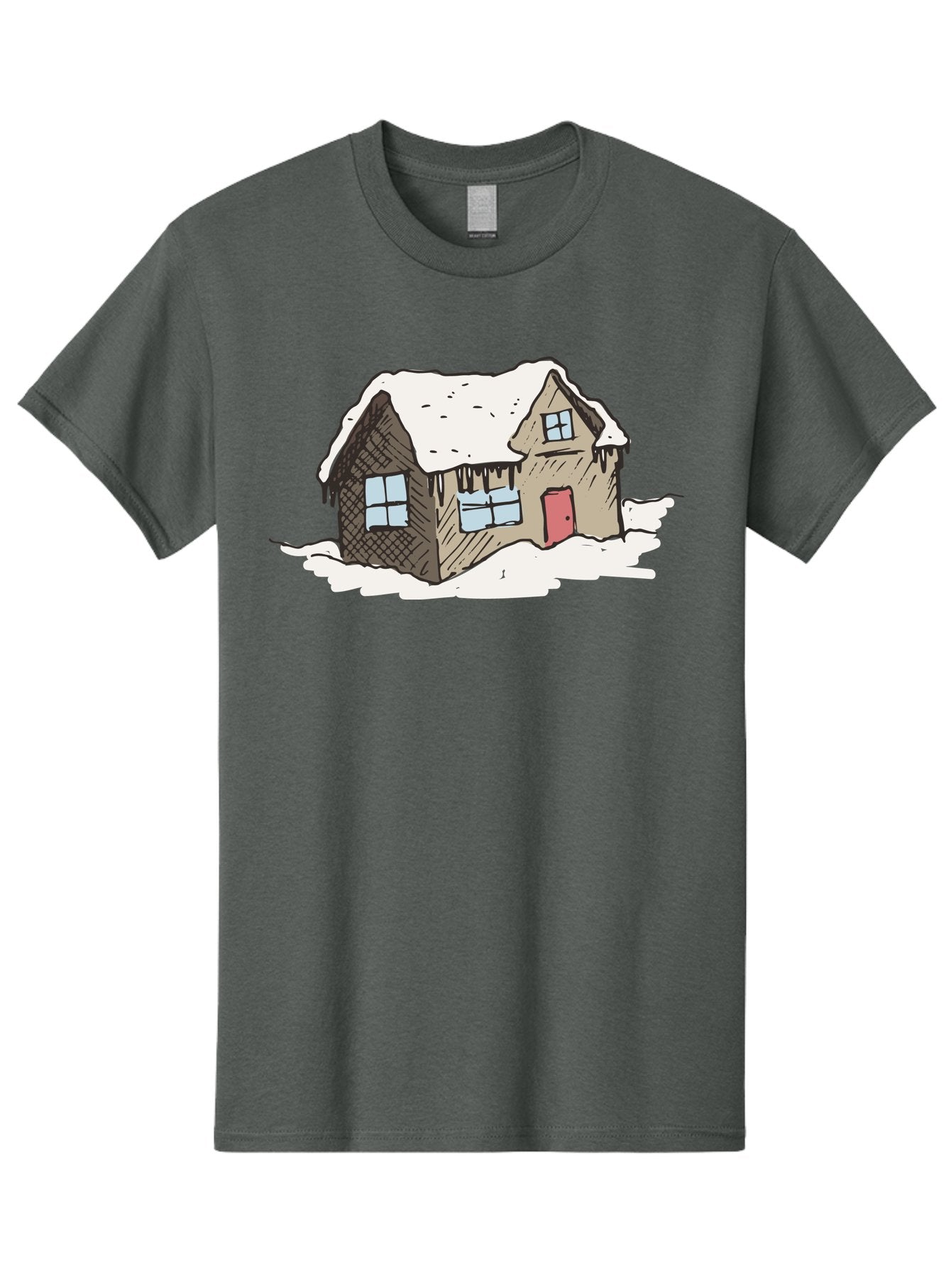 Snowy-House Men'S Graphic Tee, 100% Cotton, Comfortable Casual Summer Wear, Machine Washable, Cozy Winter Home, Snowy Cottage, Red Door, Icicles Hanging, Cold Weather, Winter Scenery, Snow-Covered Roof, Traditional House, Frosty Atmosphere Aab129 9
