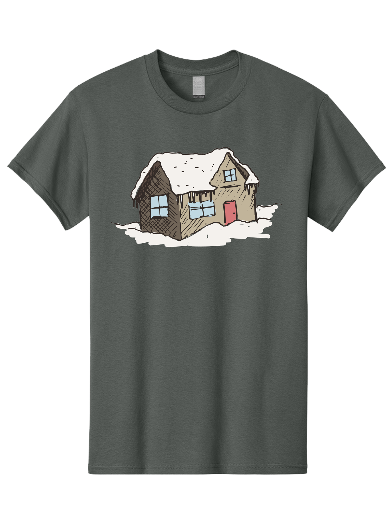 Snowy-House Men'S Graphic Tee, 100% Cotton, Comfortable Casual Summer Wear, Machine Washable, Cozy Winter Home, Snowy Cottage, Red Door, Icicles Hanging, Cold Weather, Winter Scenery, Snow-Covered Roof, Traditional House, Frosty Atmosphere Aab129 3