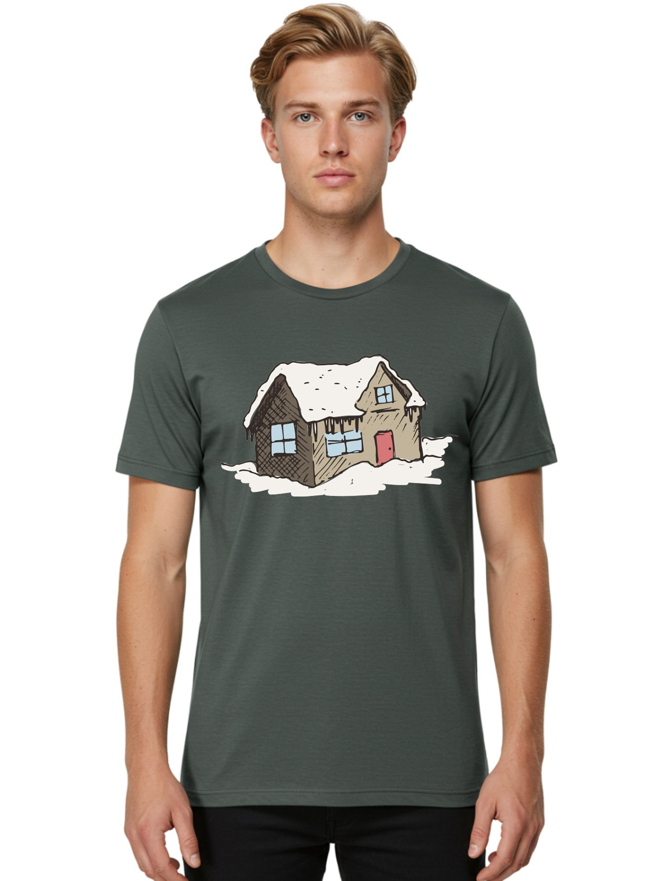 Snowy-House Men'S Graphic Tee, 100% Cotton, Comfortable Casual Summer Wear, Machine Washable, Cozy Winter Home, Snowy Cottage, Red Door, Icicles Hanging, Cold Weather, Winter Scenery, Snow-Covered Roof, Traditional House, Frosty Atmosphere Aab129 4