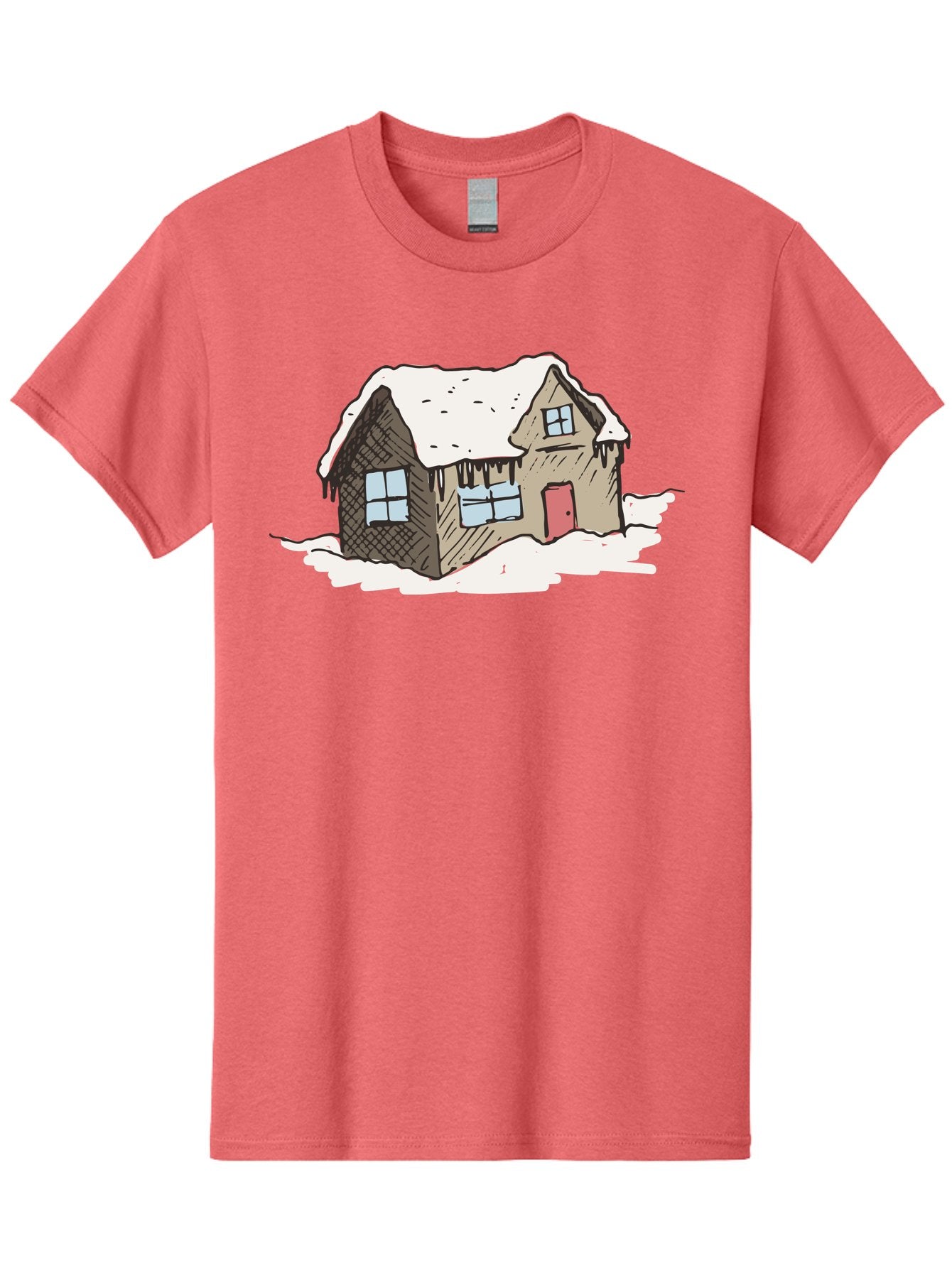 Snowy-House Men'S Graphic Tee, 100% Cotton, Comfortable Casual Summer Wear, Machine Washable, Cozy Winter Home, Snowy Cottage, Red Door, Icicles Hanging, Cold Weather, Winter Scenery, Snow-Covered Roof, Traditional House, Frosty Atmosphere Aab129 11