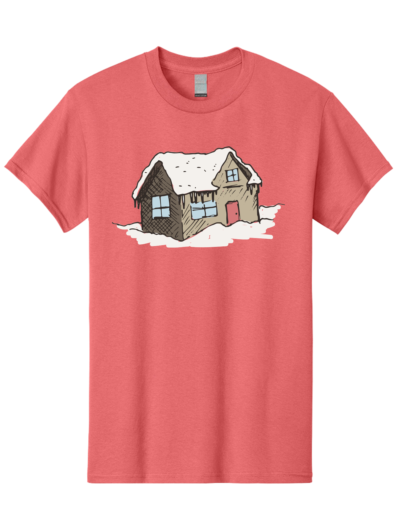 Snowy-House Men'S Graphic Tee, 100% Cotton, Comfortable Casual Summer Wear, Machine Washable, Cozy Winter Home, Snowy Cottage, Red Door, Icicles Hanging, Cold Weather, Winter Scenery, Snow-Covered Roof, Traditional House, Frosty Atmosphere Aab129 5