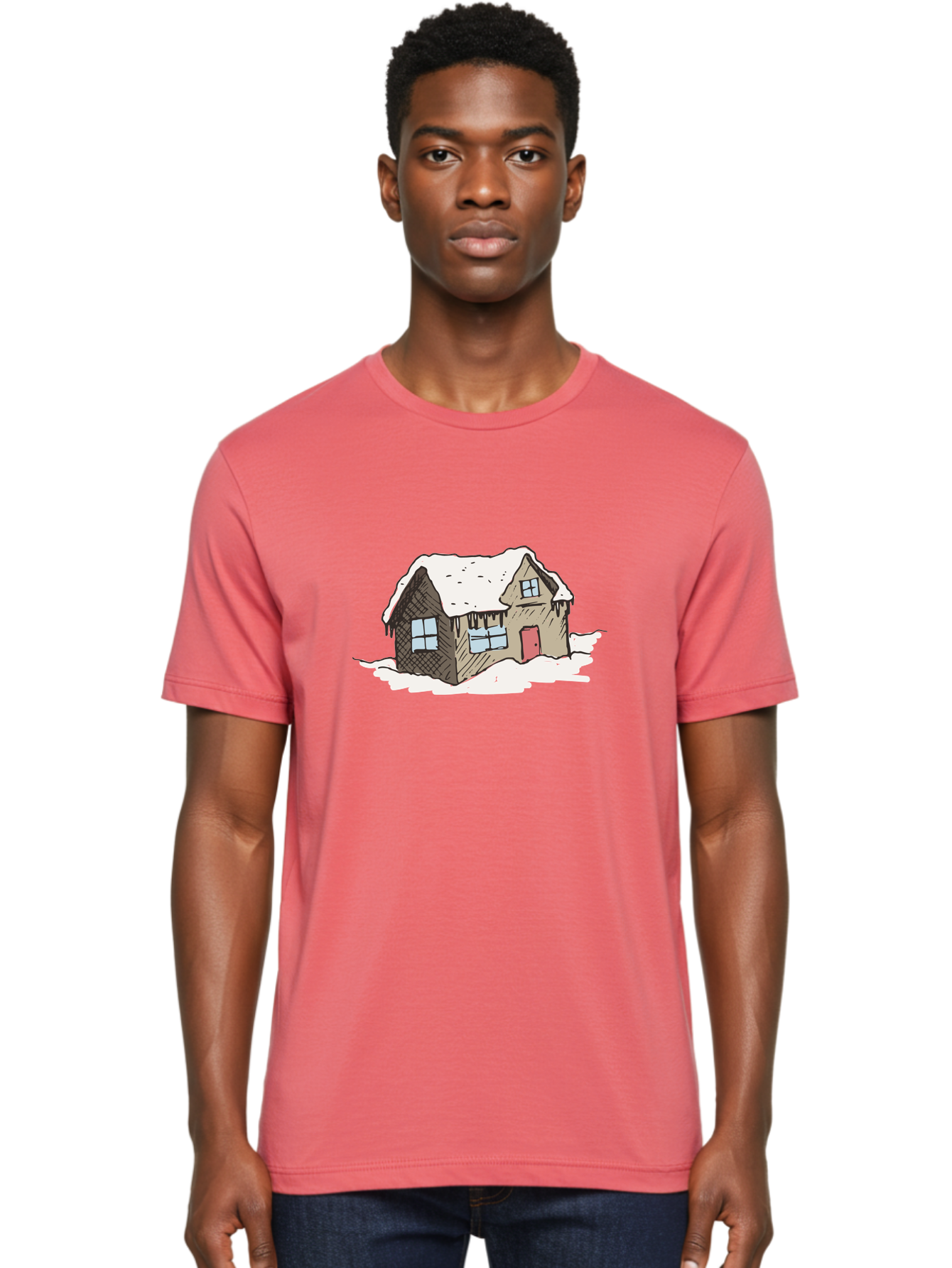 Snowy-House Men'S Graphic Tee, 100% Cotton, Comfortable Casual Summer Wear, Machine Washable, Cozy Winter Home, Snowy Cottage, Red Door, Icicles Hanging, Cold Weather, Winter Scenery, Snow-Covered Roof, Traditional House, Frosty Atmosphere Aab129 6
