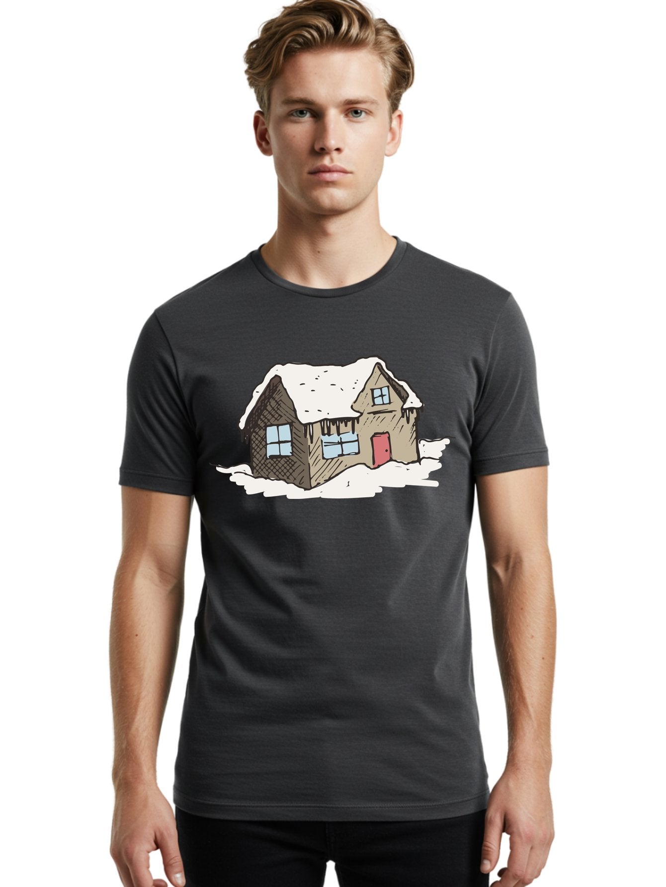 Snowy-House Men'S Graphic Tee, 100% Cotton, Comfortable Casual Summer Wear, Machine Washable, Cozy Winter Home, Snowy Cottage, Red Door, Icicles Hanging, Cold Weather, Winter Scenery, Snow-Covered Roof, Traditional House, Frosty Atmosphere Aab129 25