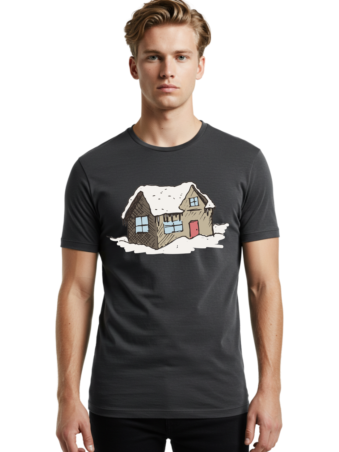 Snowy-House Men'S Graphic Tee, 100% Cotton, Comfortable Casual Summer Wear, Machine Washable, Cozy Winter Home, Snowy Cottage, Red Door, Icicles Hanging, Cold Weather, Winter Scenery, Snow-Covered Roof, Traditional House, Frosty Atmosphere Aab129 8