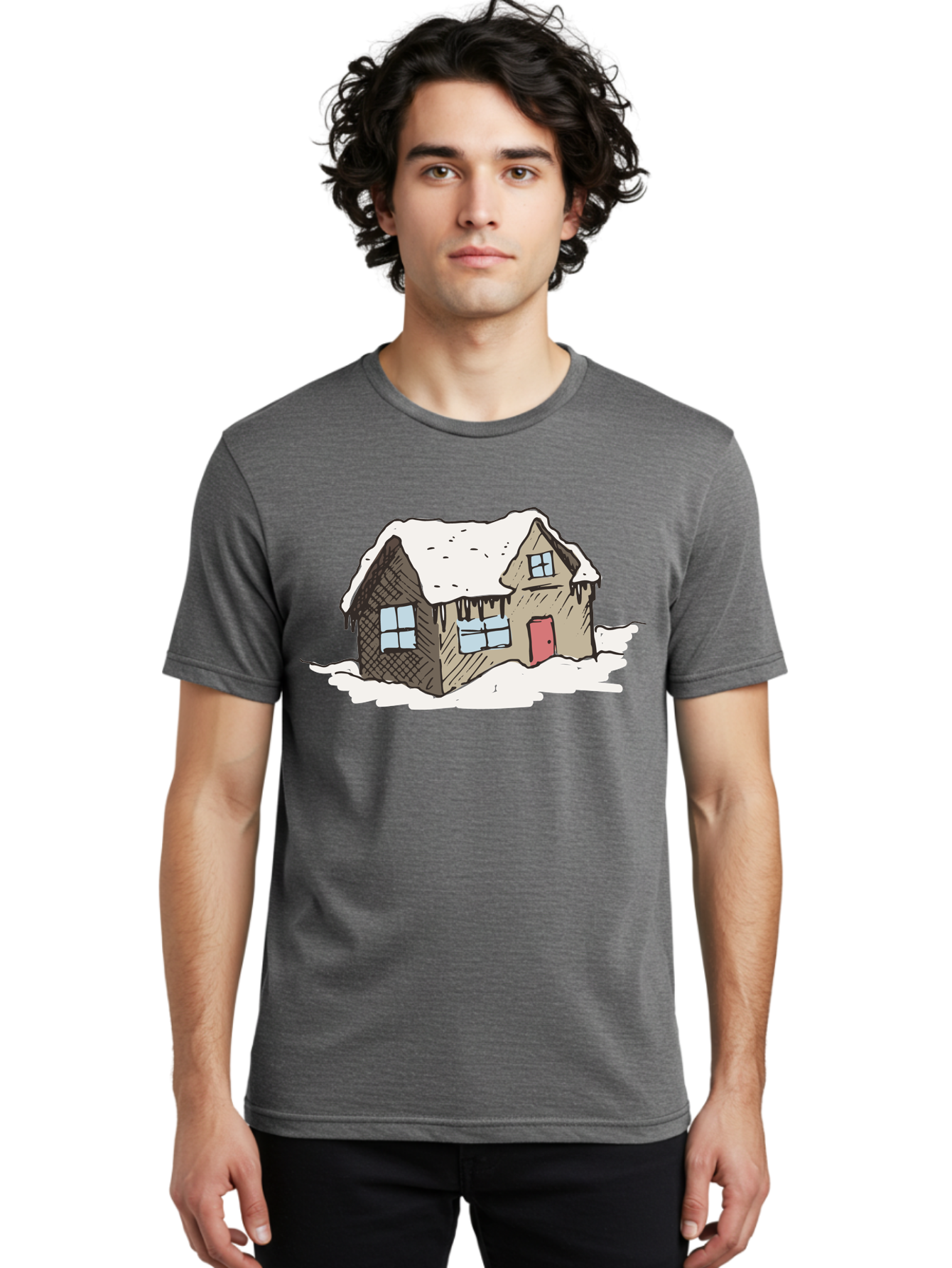 Snowy-House Men'S Graphic Tee, 100% Cotton, Comfortable Casual Summer Wear, Machine Washable, Cozy Winter Home, Snowy Cottage, Red Door, Icicles Hanging, Cold Weather, Winter Scenery, Snow-Covered Roof, Traditional House, Frosty Atmosphere Aab129 10