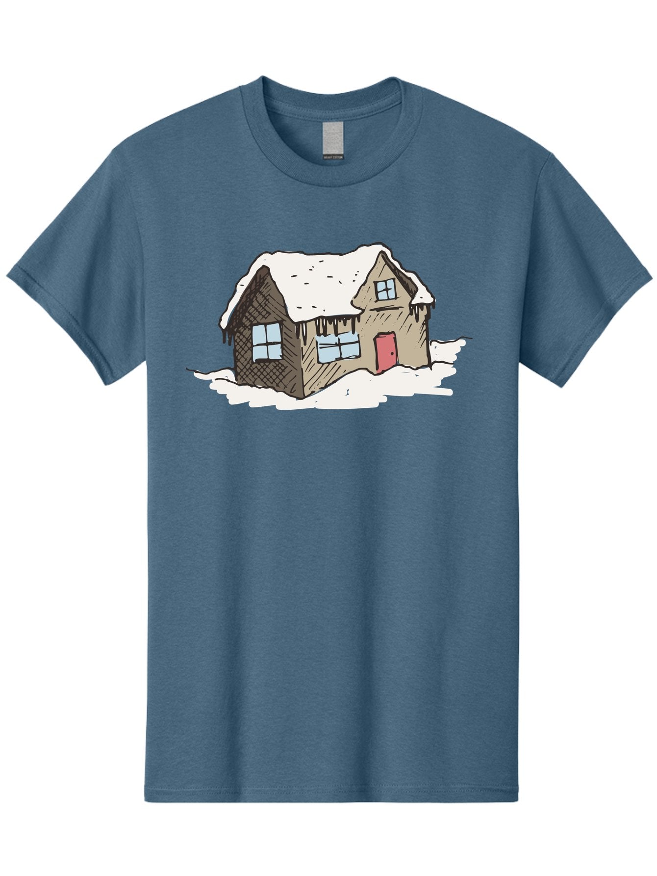 Snowy-House Men'S Graphic Tee, 100% Cotton, Comfortable Casual Summer Wear, Machine Washable, Cozy Winter Home, Snowy Cottage, Red Door, Icicles Hanging, Cold Weather, Winter Scenery, Snow-Covered Roof, Traditional House, Frosty Atmosphere Aab129 7
