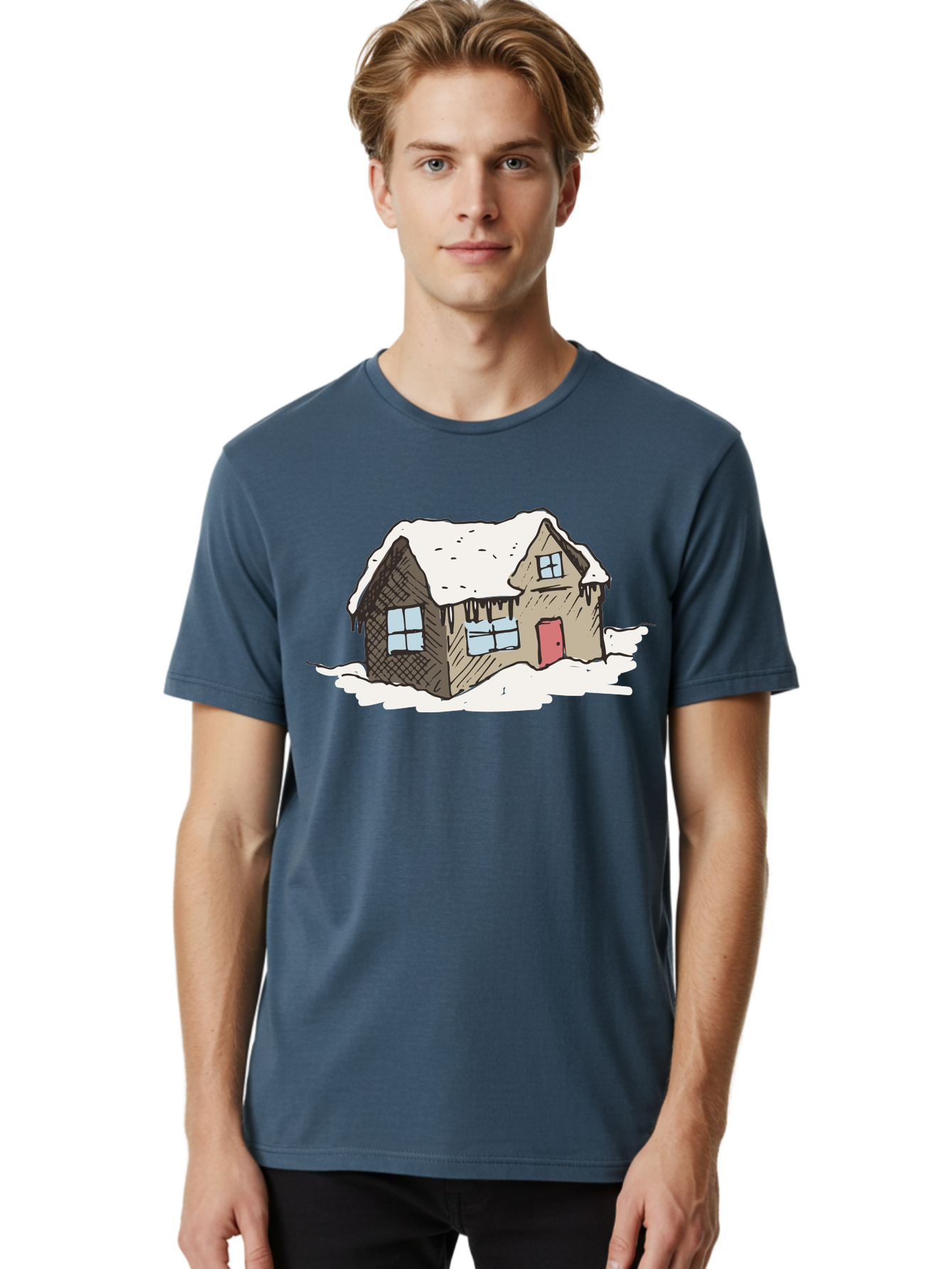 Snowy-House Men'S Graphic Tee, 100% Cotton, Comfortable Casual Summer Wear, Machine Washable, Cozy Winter Home, Snowy Cottage, Red Door, Icicles Hanging, Cold Weather, Winter Scenery, Snow-Covered Roof, Traditional House, Frosty Atmosphere Aab129 12