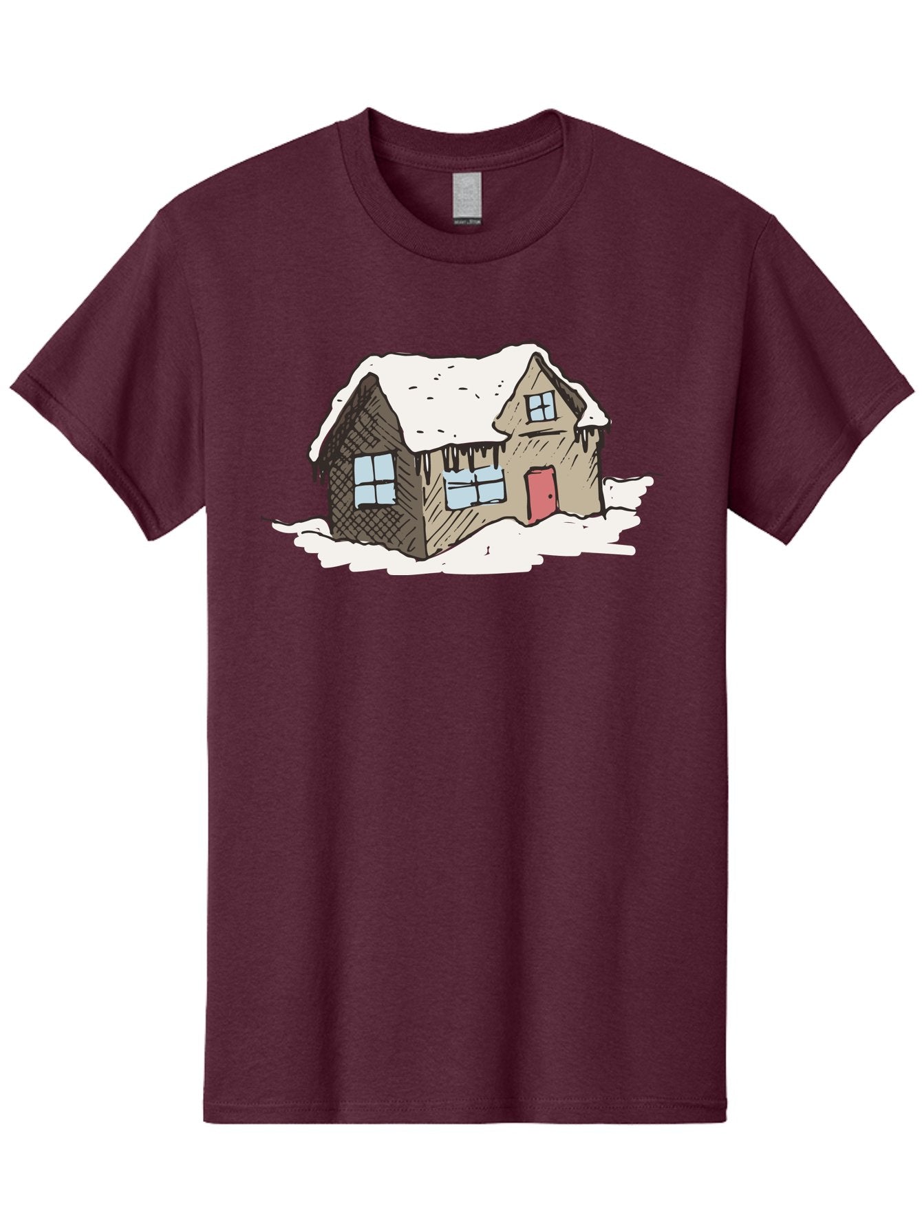 Snowy-House Men'S Graphic Tee, 100% Cotton, Comfortable Casual Summer Wear, Machine Washable, Cozy Winter Home, Snowy Cottage, Red Door, Icicles Hanging, Cold Weather, Winter Scenery, Snow-Covered Roof, Traditional House, Frosty Atmosphere Aab129