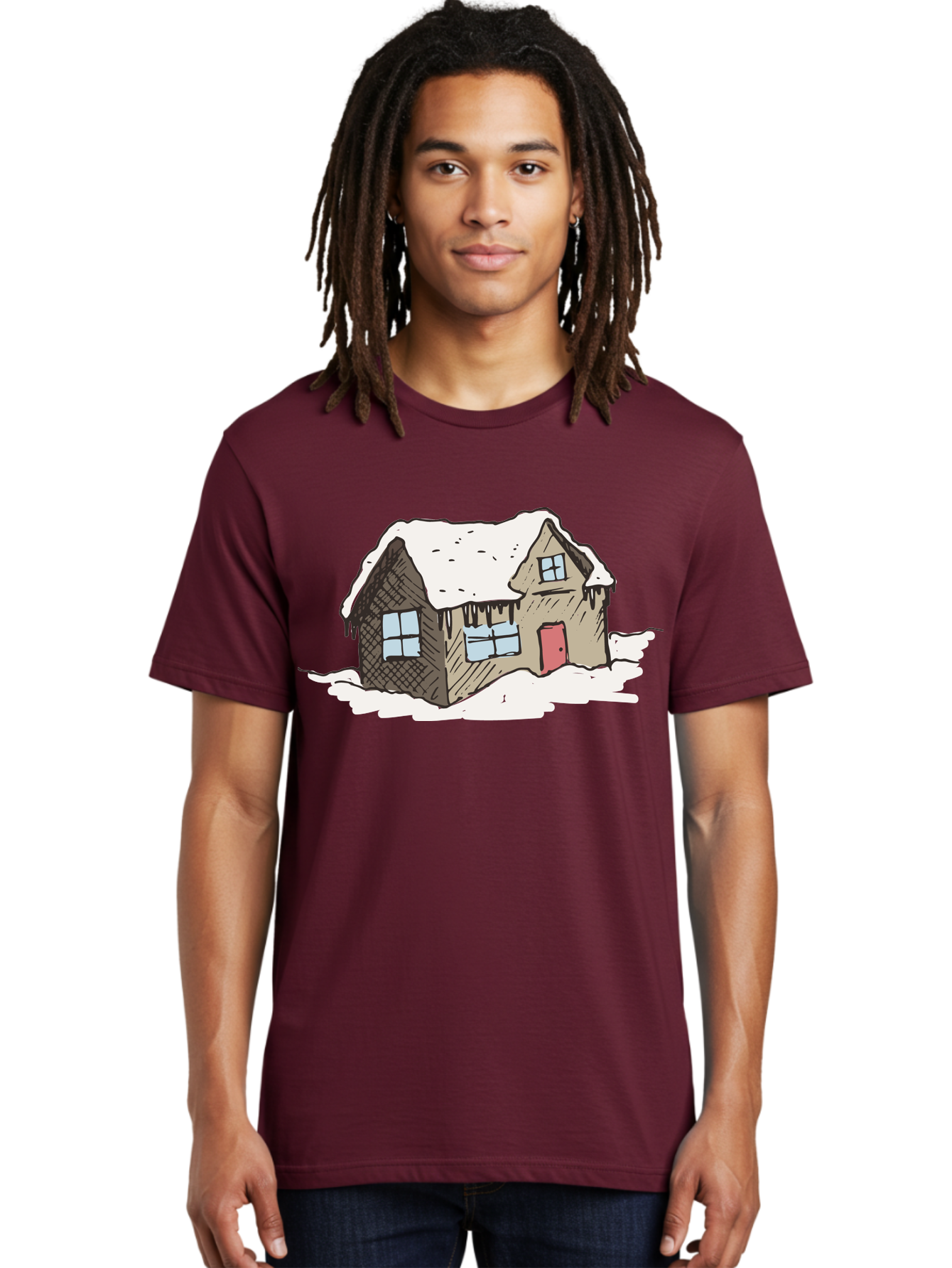 Snowy-House Men'S Graphic Tee, 100% Cotton, Comfortable Casual Summer Wear, Machine Washable, Cozy Winter Home, Snowy Cottage, Red Door, Icicles Hanging, Cold Weather, Winter Scenery, Snow-Covered Roof, Traditional House, Frosty Atmosphere Aab129 14