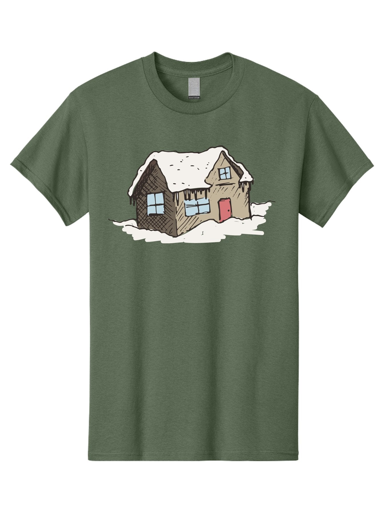 Snowy-House Men'S Graphic Tee, 100% Cotton, Comfortable Casual Summer Wear, Machine Washable, Cozy Winter Home, Snowy Cottage, Red Door, Icicles Hanging, Cold Weather, Winter Scenery, Snow-Covered Roof, Traditional House, Frosty Atmosphere Aab129