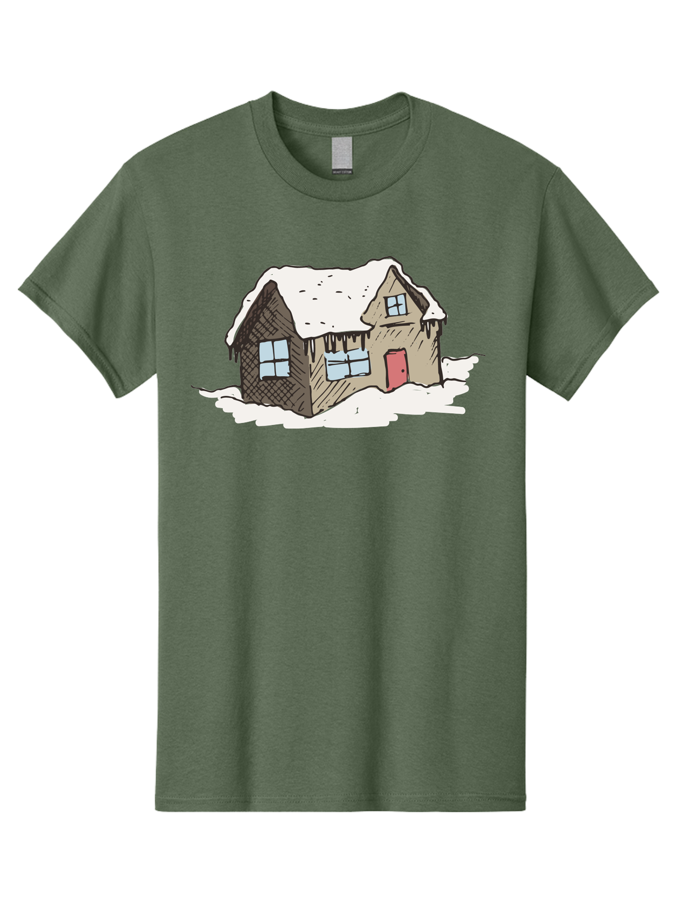 Snowy-House Men'S Graphic Tee, 100% Cotton, Comfortable Casual Summer Wear, Machine Washable, Cozy Winter Home, Snowy Cottage, Red Door, Icicles Hanging, Cold Weather, Winter Scenery, Snow-Covered Roof, Traditional House, Frosty Atmosphere Aab129 15