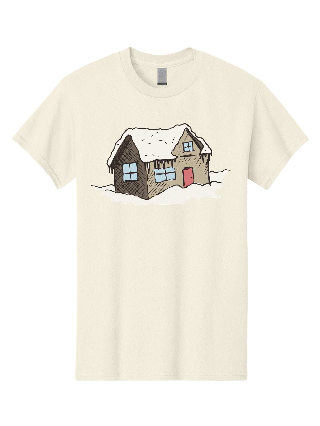 Snowy-House Men'S Graphic Tee, 100% Cotton, Comfortable Casual Summer Wear, Machine Washable, Cozy Winter Home, Snowy Cottage, Red Door, Icicles Hanging, Cold Weather, Winter Scenery, Snow-Covered Roof, Traditional House, Frosty Atmosphere Aab129 5