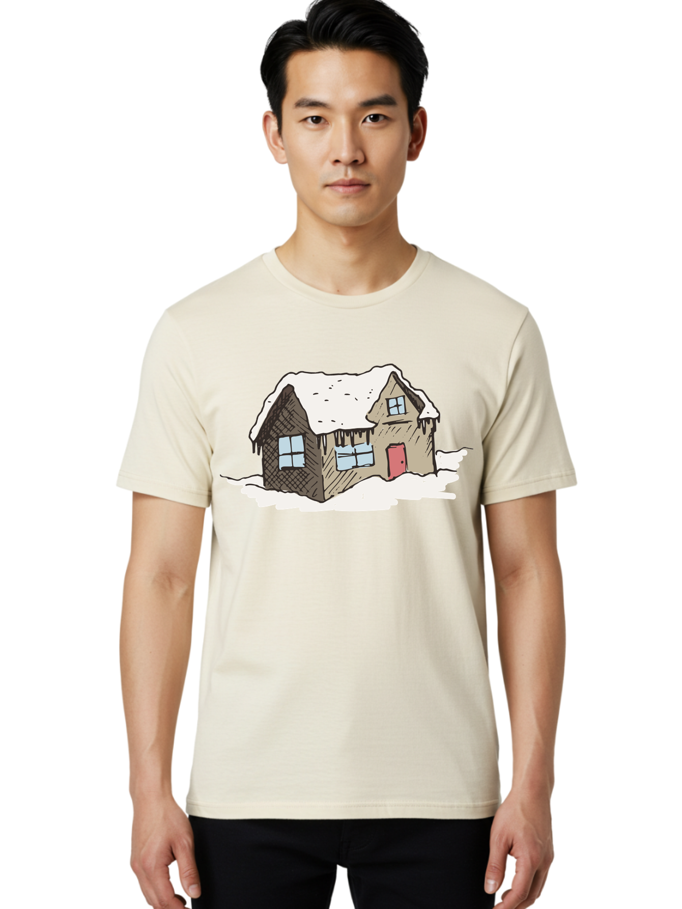 Snowy-House Men'S Graphic Tee, 100% Cotton, Comfortable Casual Summer Wear, Machine Washable, Cozy Winter Home, Snowy Cottage, Red Door, Icicles Hanging, Cold Weather, Winter Scenery, Snow-Covered Roof, Traditional House, Frosty Atmosphere Aab129 18