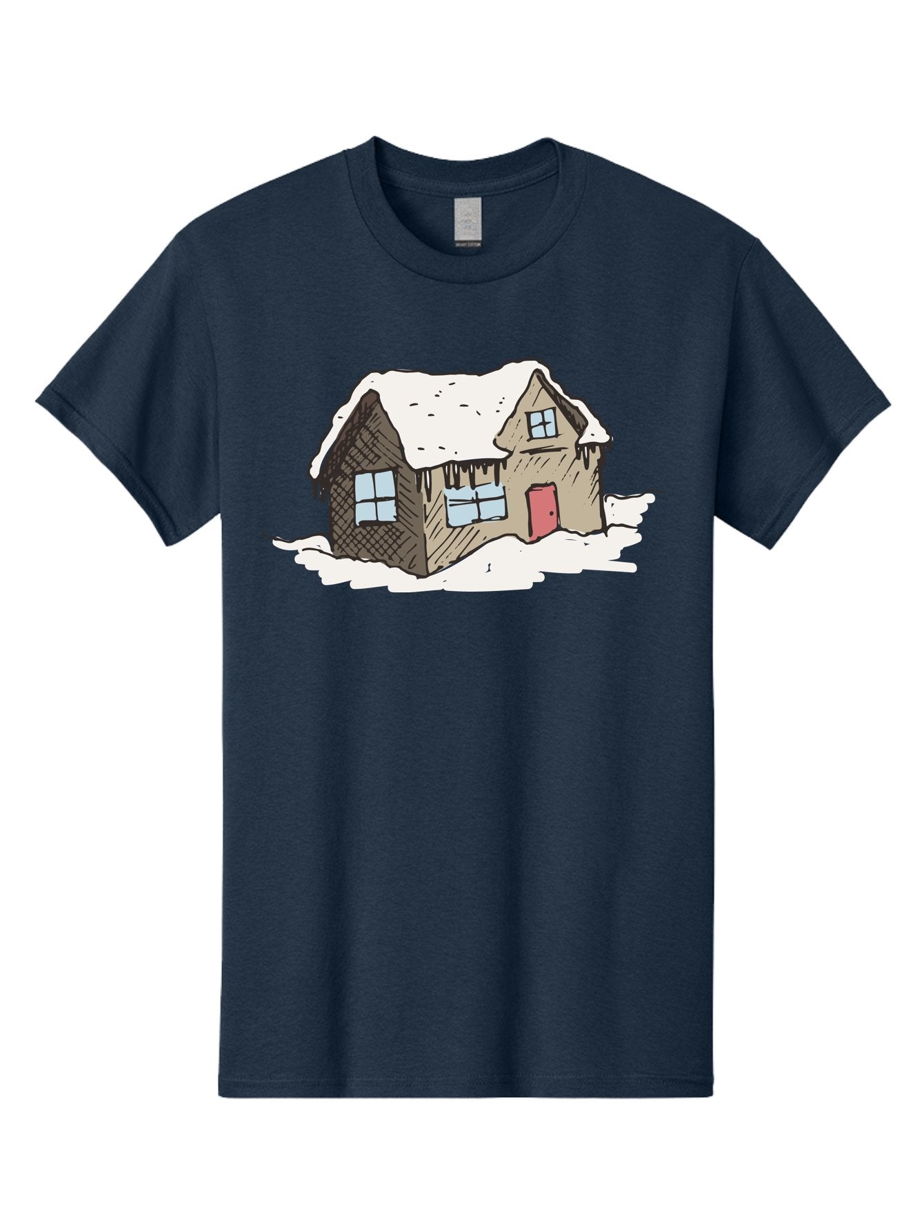 Snowy-House Men'S Graphic Tee, 100% Cotton, Comfortable Casual Summer Wear, Machine Washable, Cozy Winter Home, Snowy Cottage, Red Door, Icicles Hanging, Cold Weather, Winter Scenery, Snow-Covered Roof, Traditional House, Frosty Atmosphere Aab129 12