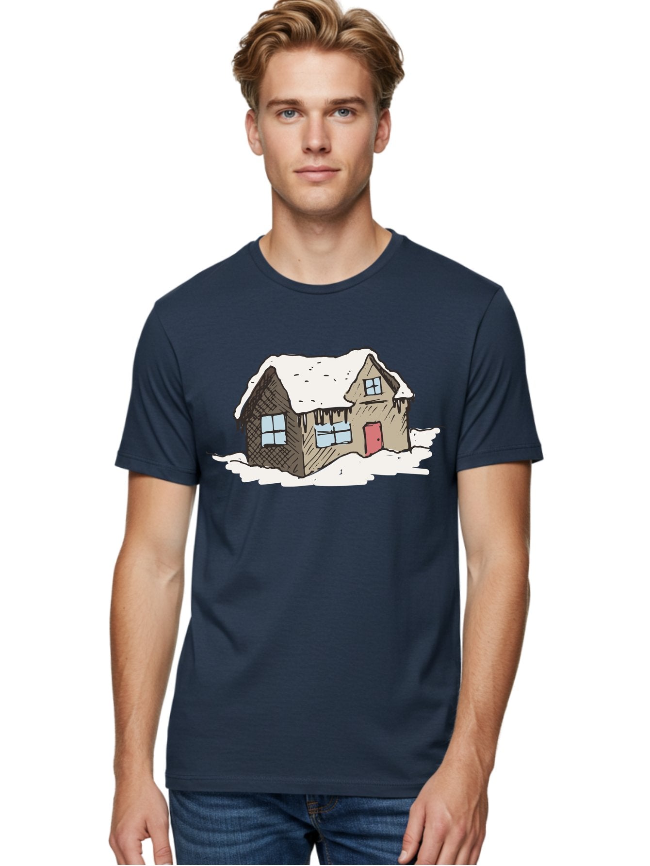 Snowy-House Men'S Graphic Tee, 100% Cotton, Comfortable Casual Summer Wear, Machine Washable, Cozy Winter Home, Snowy Cottage, Red Door, Icicles Hanging, Cold Weather, Winter Scenery, Snow-Covered Roof, Traditional House, Frosty Atmosphere Aab129 28