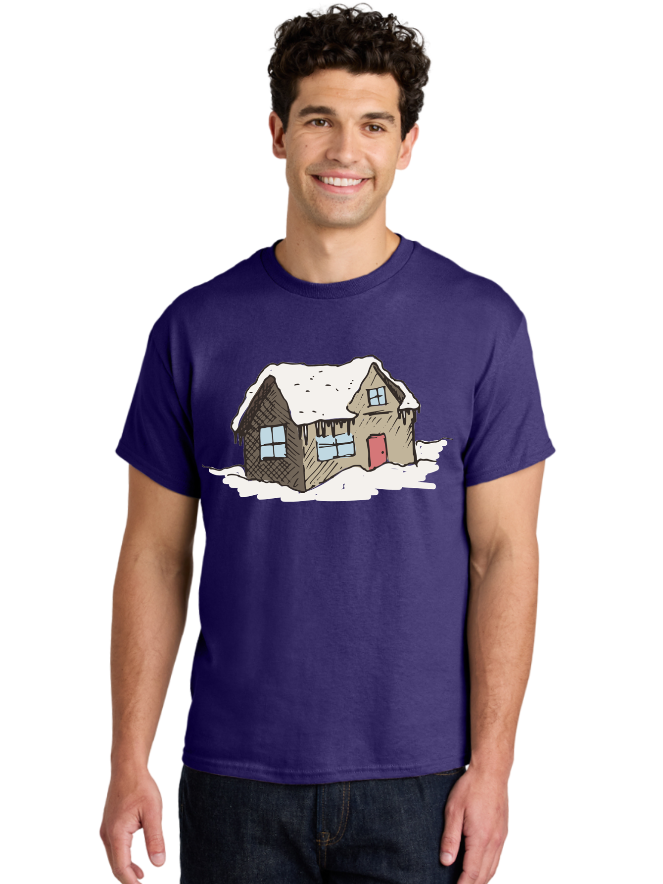 Snowy-House Men'S Graphic Tee, 100% Cotton, Comfortable Casual Summer Wear, Machine Washable, Cozy Winter Home, Snowy Cottage, Red Door, Icicles Hanging, Cold Weather, Winter Scenery, Snow-Covered Roof, Traditional House, Frosty Atmosphere Aab129 22