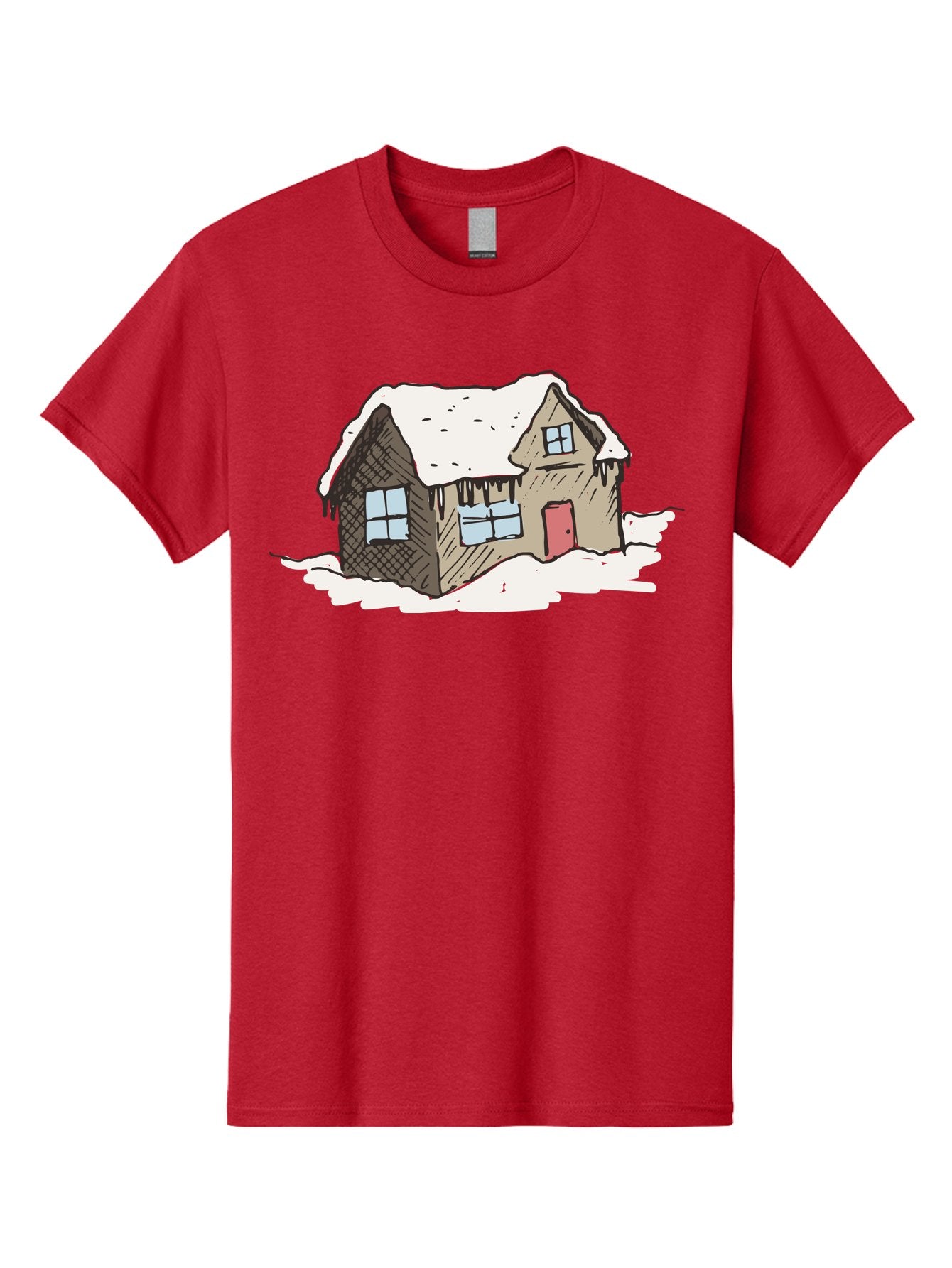 Snowy-House Men'S Graphic Tee, 100% Cotton, Comfortable Casual Summer Wear, Machine Washable, Cozy Winter Home, Snowy Cottage, Red Door, Icicles Hanging, Cold Weather, Winter Scenery, Snow-Covered Roof, Traditional House, Frosty Atmosphere Aab129 13