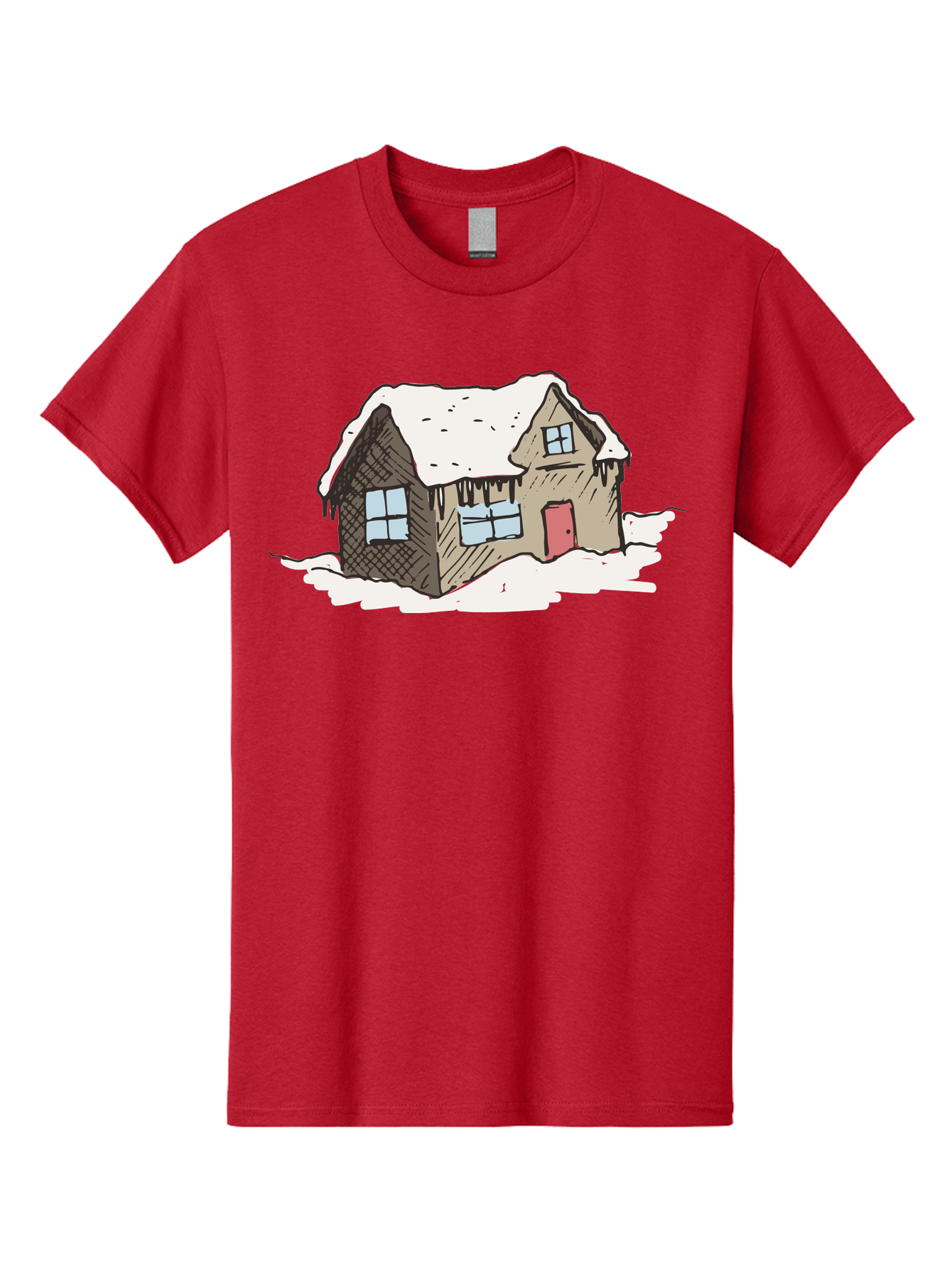 Snowy-House Men'S Graphic Tee, 100% Cotton, Comfortable Casual Summer Wear, Machine Washable, Cozy Winter Home, Snowy Cottage, Red Door, Icicles Hanging, Cold Weather, Winter Scenery, Snow-Covered Roof, Traditional House, Frosty Atmosphere Aab129 23