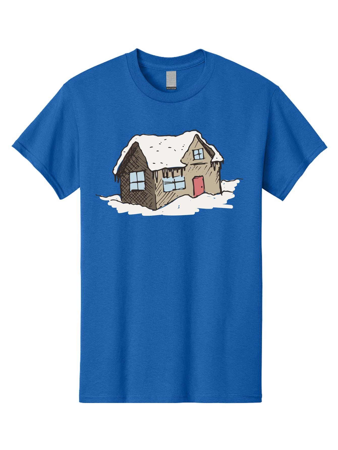 Snowy-House Men'S Graphic Tee, 100% Cotton, Comfortable Casual Summer Wear, Machine Washable, Cozy Winter Home, Snowy Cottage, Red Door, Icicles Hanging, Cold Weather, Winter Scenery, Snow-Covered Roof, Traditional House, Frosty Atmosphere Aab129 14