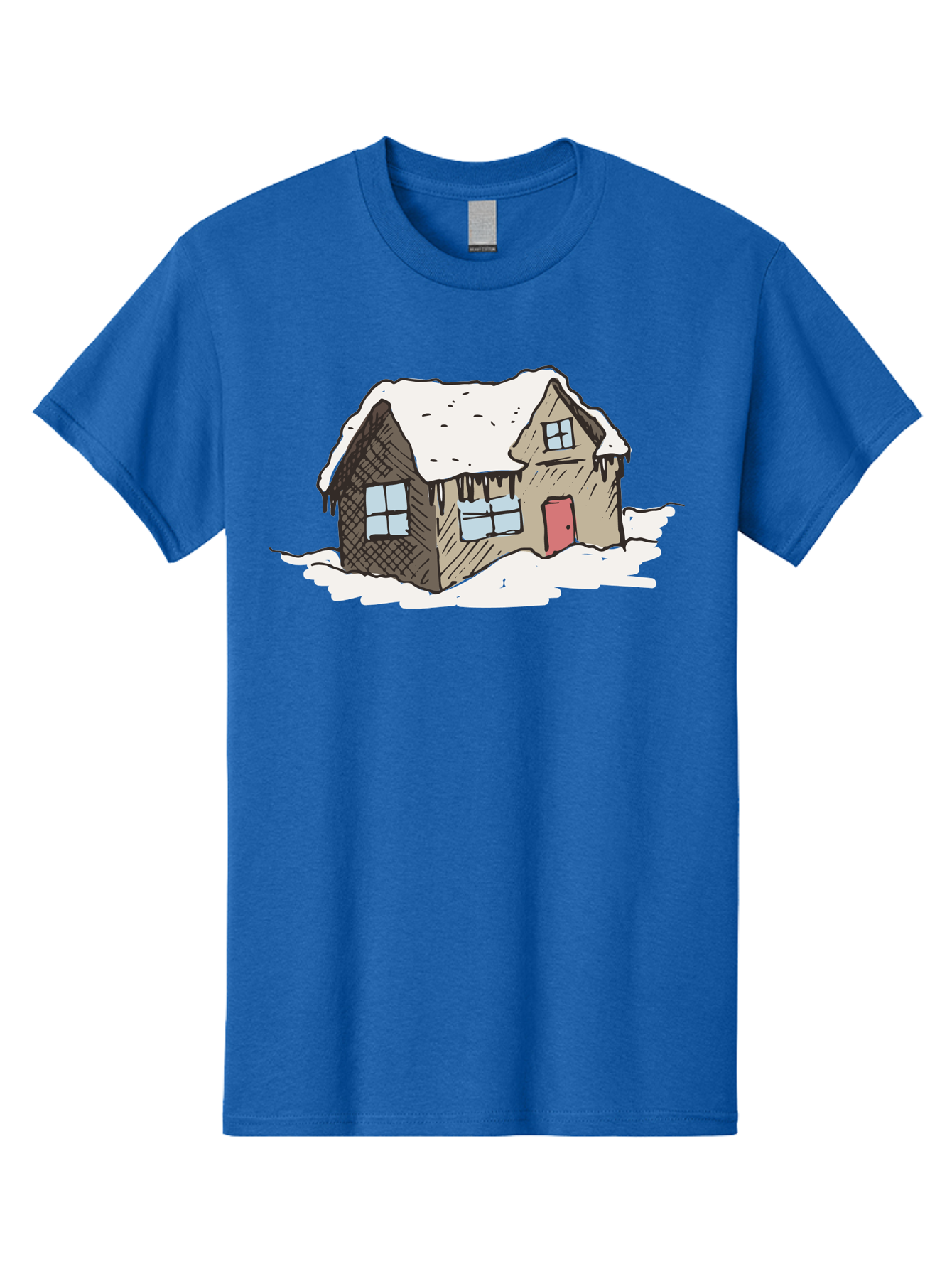 Snowy-House Men'S Graphic Tee, 100% Cotton, Comfortable Casual Summer Wear, Machine Washable, Cozy Winter Home, Snowy Cottage, Red Door, Icicles Hanging, Cold Weather, Winter Scenery, Snow-Covered Roof, Traditional House, Frosty Atmosphere Aab129 25