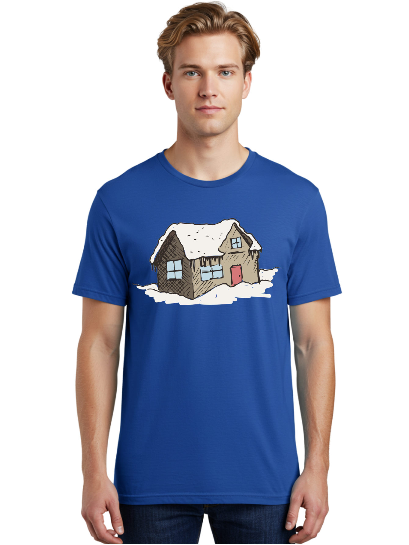 Snowy-House Men'S Graphic Tee, 100% Cotton, Comfortable Casual Summer Wear, Machine Washable, Cozy Winter Home, Snowy Cottage, Red Door, Icicles Hanging, Cold Weather, Winter Scenery, Snow-Covered Roof, Traditional House, Frosty Atmosphere Aab129 26