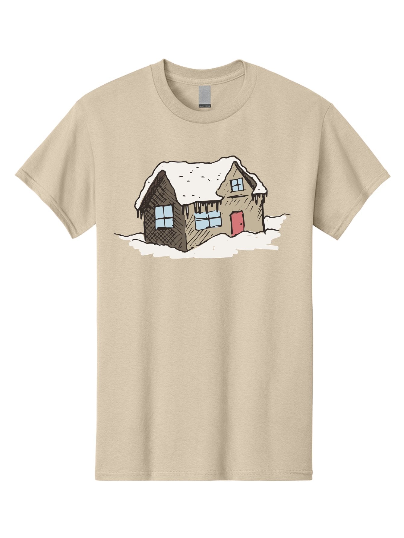 Snowy-House Men'S Graphic Tee, 100% Cotton, Comfortable Casual Summer Wear, Machine Washable, Cozy Winter Home, Snowy Cottage, Red Door, Icicles Hanging, Cold Weather, Winter Scenery, Snow-Covered Roof, Traditional House, Frosty Atmosphere Aab129 15