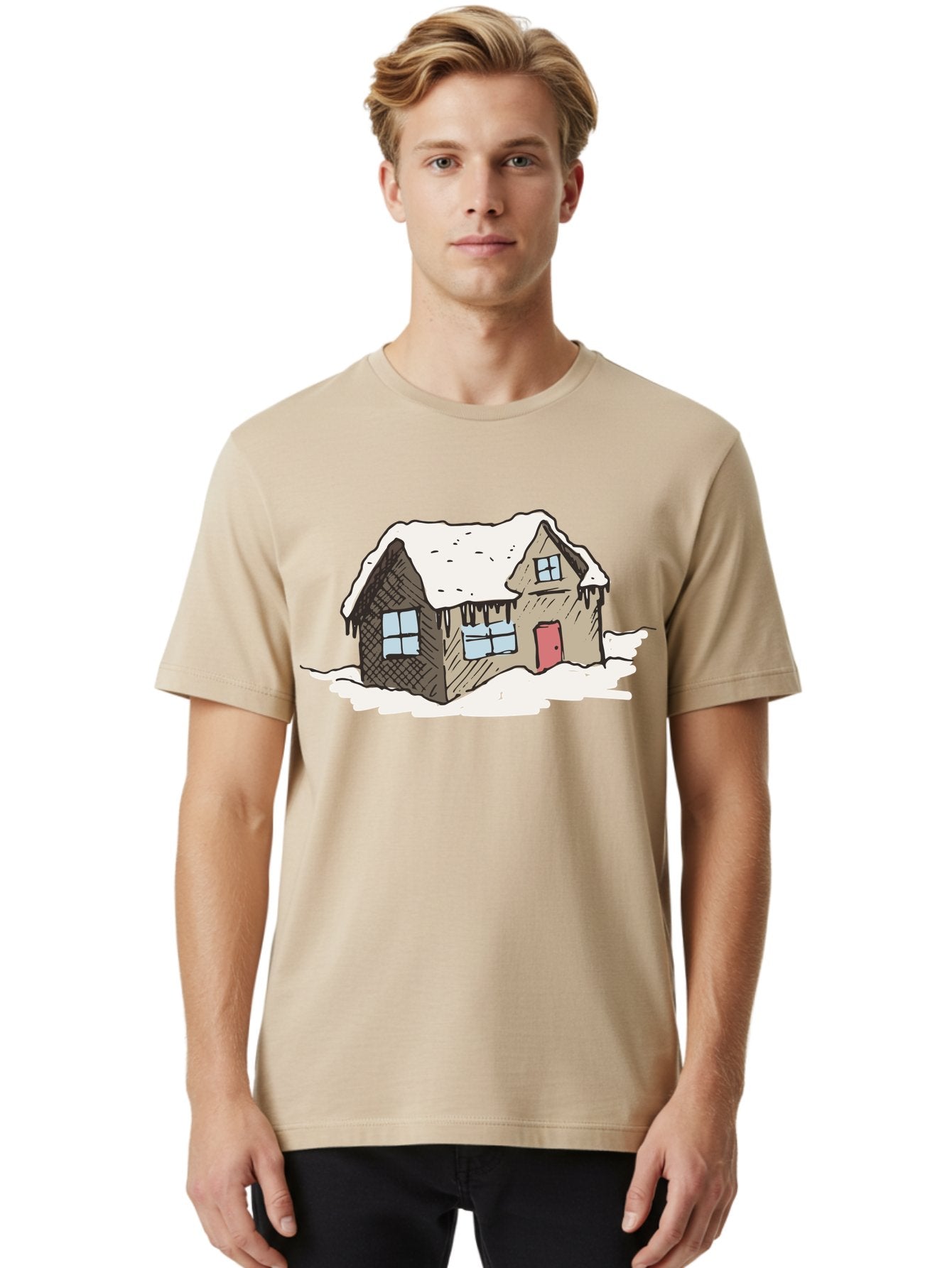Snowy-House Men'S Graphic Tee, 100% Cotton, Comfortable Casual Summer Wear, Machine Washable, Cozy Winter Home, Snowy Cottage, Red Door, Icicles Hanging, Cold Weather, Winter Scenery, Snow-Covered Roof, Traditional House, Frosty Atmosphere Aab129 30