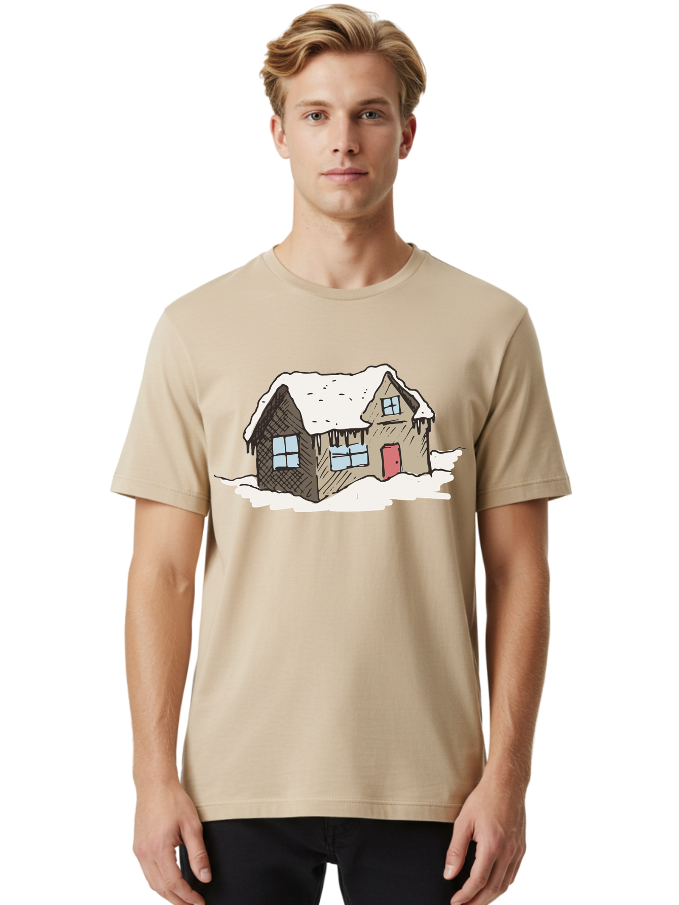 Snowy-House Men'S Graphic Tee, 100% Cotton, Comfortable Casual Summer Wear, Machine Washable, Cozy Winter Home, Snowy Cottage, Red Door, Icicles Hanging, Cold Weather, Winter Scenery, Snow-Covered Roof, Traditional House, Frosty Atmosphere Aab129 28