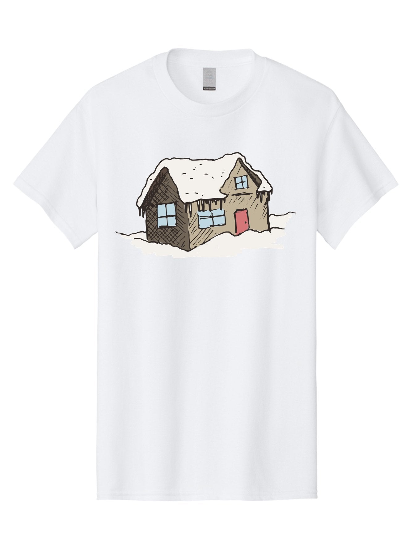 Snowy-House Men'S Graphic Tee, 100% Cotton, Comfortable Casual Summer Wear, Machine Washable, Cozy Winter Home, Snowy Cottage, Red Door, Icicles Hanging, Cold Weather, Winter Scenery, Snow-Covered Roof, Traditional House, Frosty Atmosphere Aab129 4