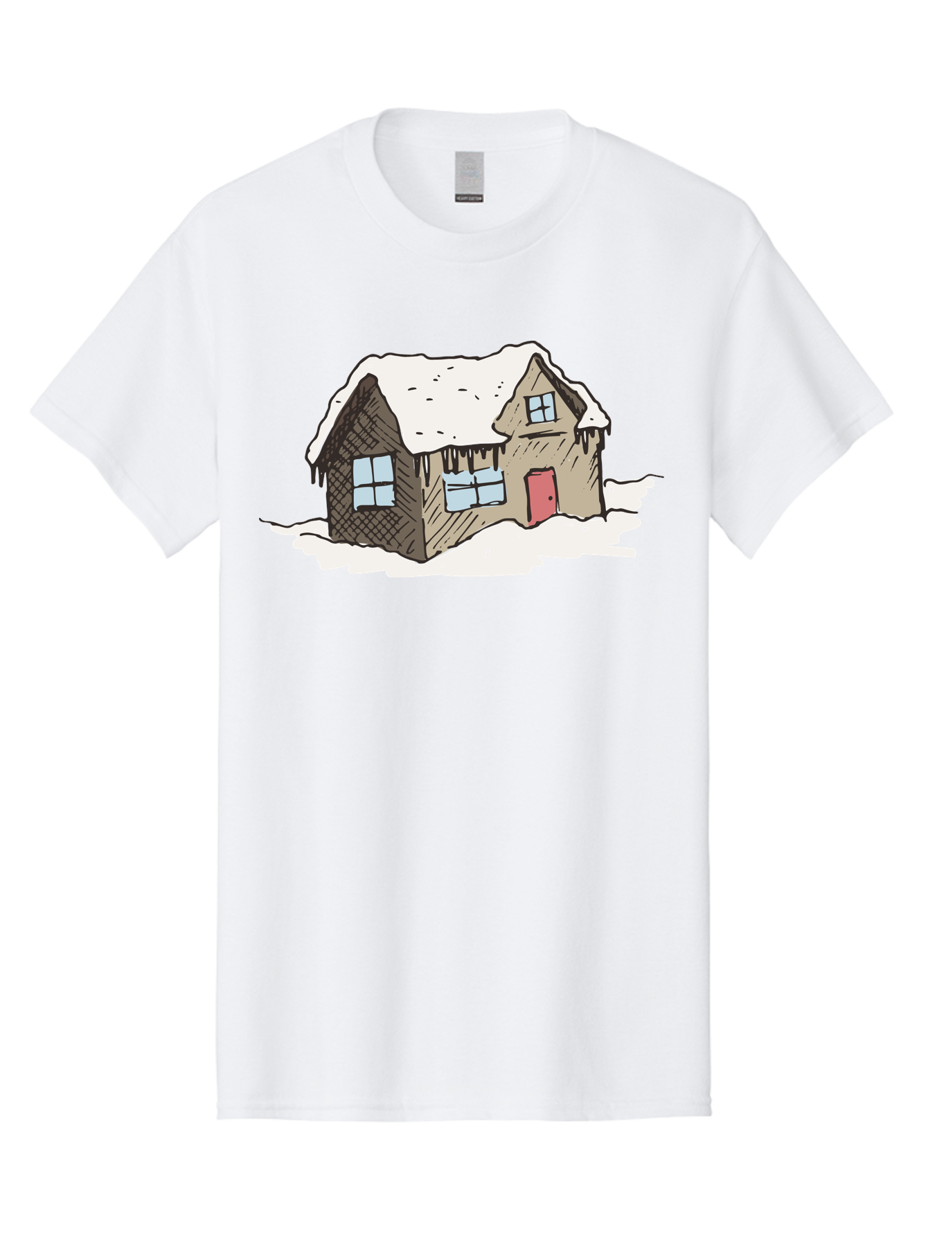 Snowy-House Men'S Graphic Tee, 100% Cotton, Comfortable Casual Summer Wear, Machine Washable, Cozy Winter Home, Snowy Cottage, Red Door, Icicles Hanging, Cold Weather, Winter Scenery, Snow-Covered Roof, Traditional House, Frosty Atmosphere Aab129 29