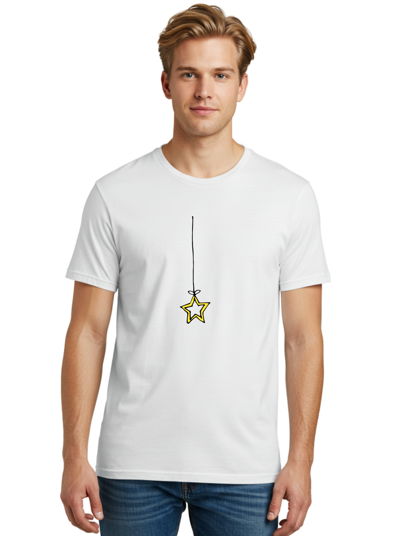 Star-Hanging-On-A-String Men'S Graphic Tee, 100% Cotton, Comfortable Casual Summer Wear, Machine Washable, Yellow Star, Hanging Star, Festive Decoration, Cartoon Style, Holiday Theme, Star Symbol, Decoration Idea, Minimalist Design, Aab133 30