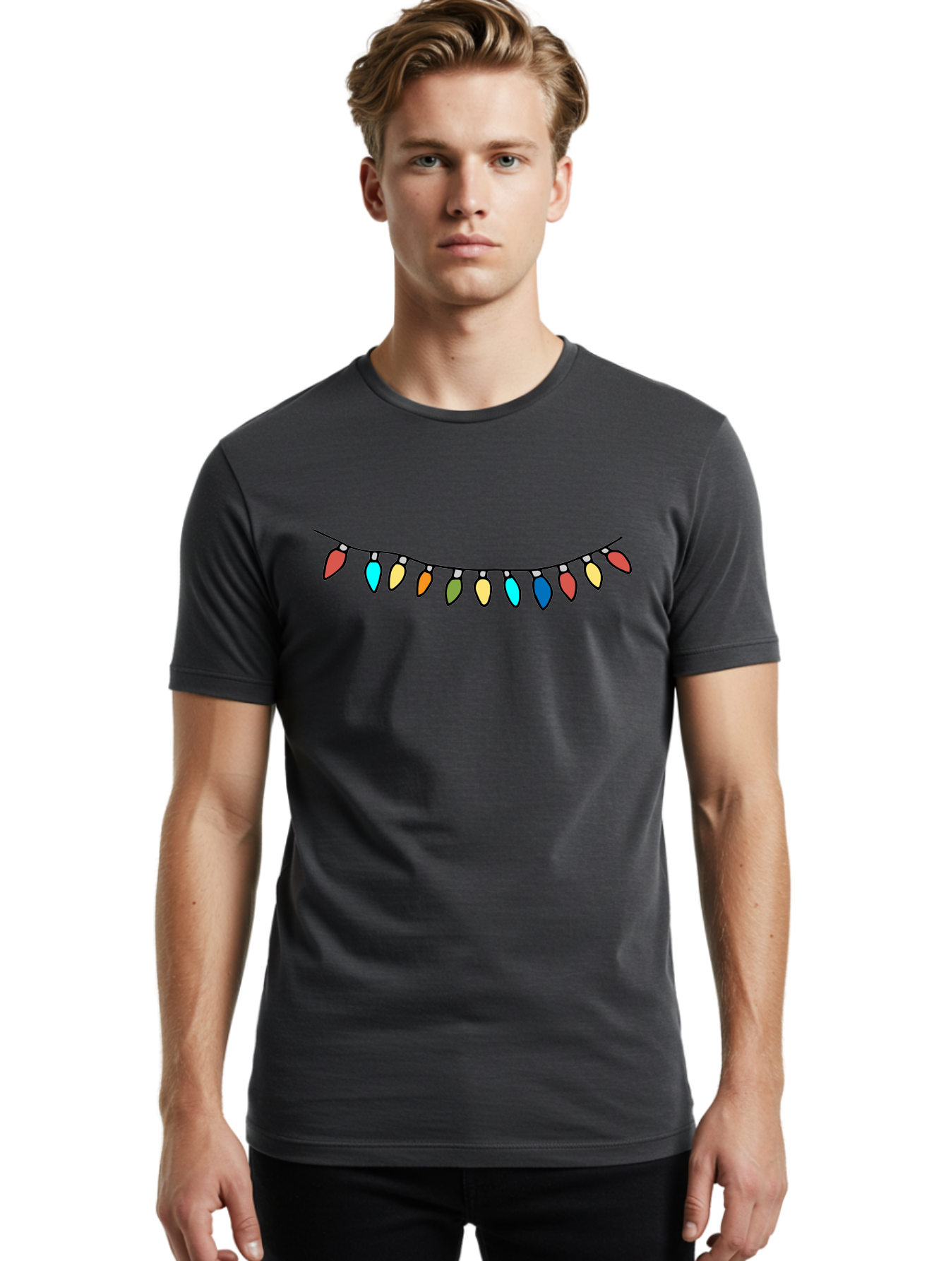 String-Lights Men'S Graphic Tee, 100% Cotton, Comfortable Casual Summer Wear, Machine Washable, String Of Christmas Lights, Festive Decorations, Holiday Decor, Colorful Lights, Christmas Celebration, Winter Wonderland, Festive Atmosphere Aab139 14