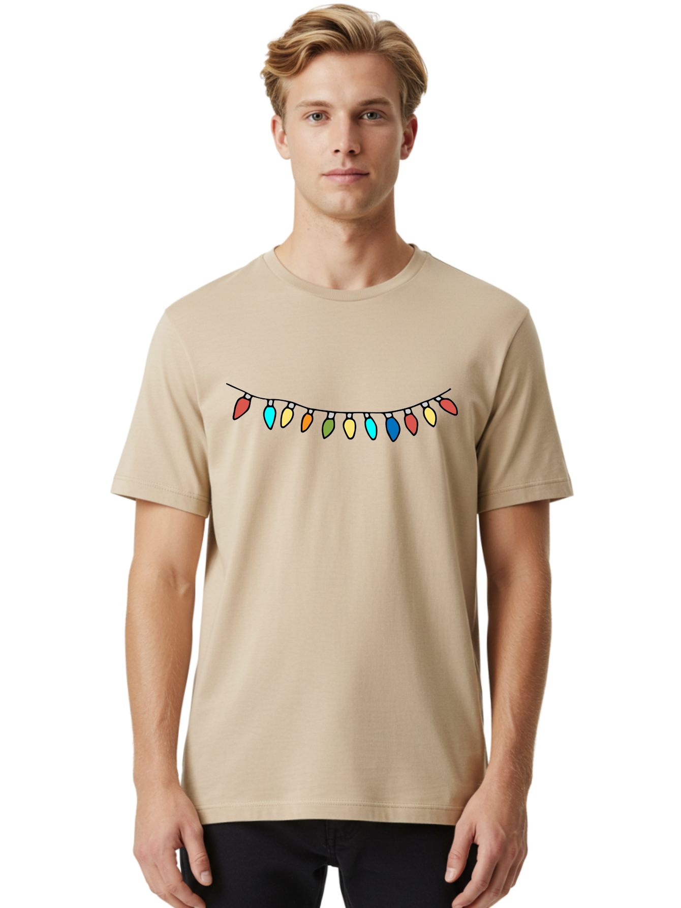 String-Lights Men'S Graphic Tee, 100% Cotton, Comfortable Casual Summer Wear, Machine Washable, String Of Christmas Lights, Festive Decorations, Holiday Decor, Colorful Lights, Christmas Celebration, Winter Wonderland, Festive Atmosphere Aab139