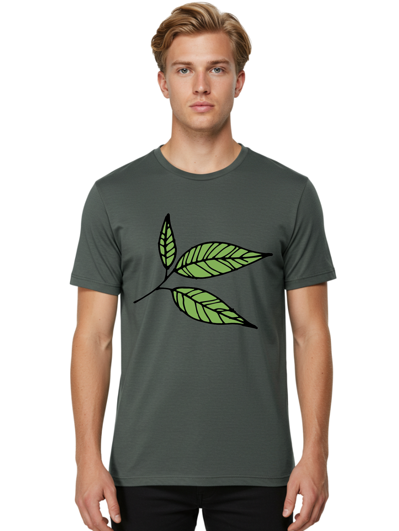 Three-Leaves Men'S Graphic Tee, 100% Cotton, Comfortable Casual Summer Wear, Machine Washable, Simple Leaf Illustration, Minimalist Design, Black Outline, Green Leaves, Leaf Veins, Foliage Artwork, Nature-Inspired Graphics, Aab144 4