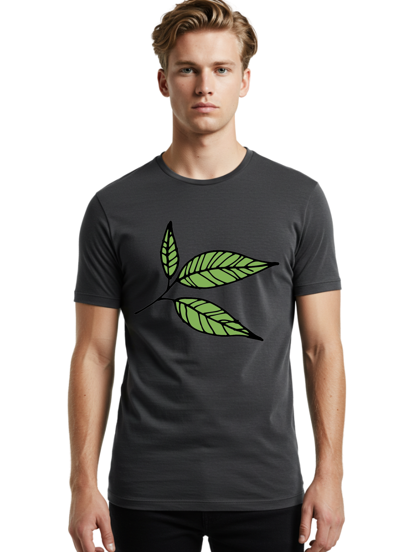 Three-Leaves Men'S Graphic Tee, 100% Cotton, Comfortable Casual Summer Wear, Machine Washable, Simple Leaf Illustration, Minimalist Design, Black Outline, Green Leaves, Leaf Veins, Foliage Artwork, Nature-Inspired Graphics, Aab144 8