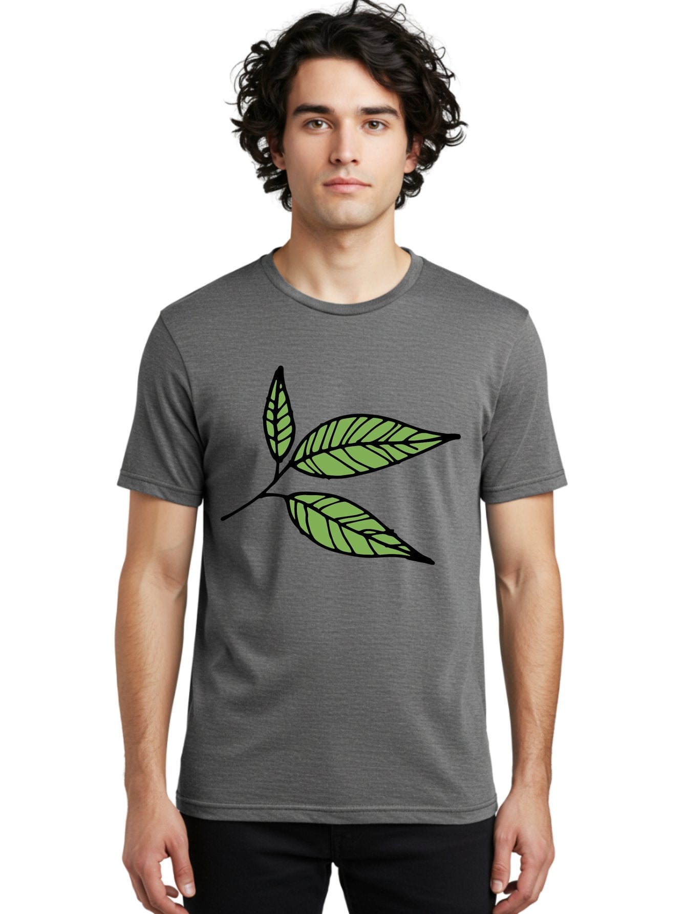 Three-Leaves Men'S Graphic Tee, 100% Cotton, Comfortable Casual Summer Wear, Machine Washable, Simple Leaf Illustration, Minimalist Design, Black Outline, Green Leaves, Leaf Veins, Foliage Artwork, Nature-Inspired Graphics, Aab144 29